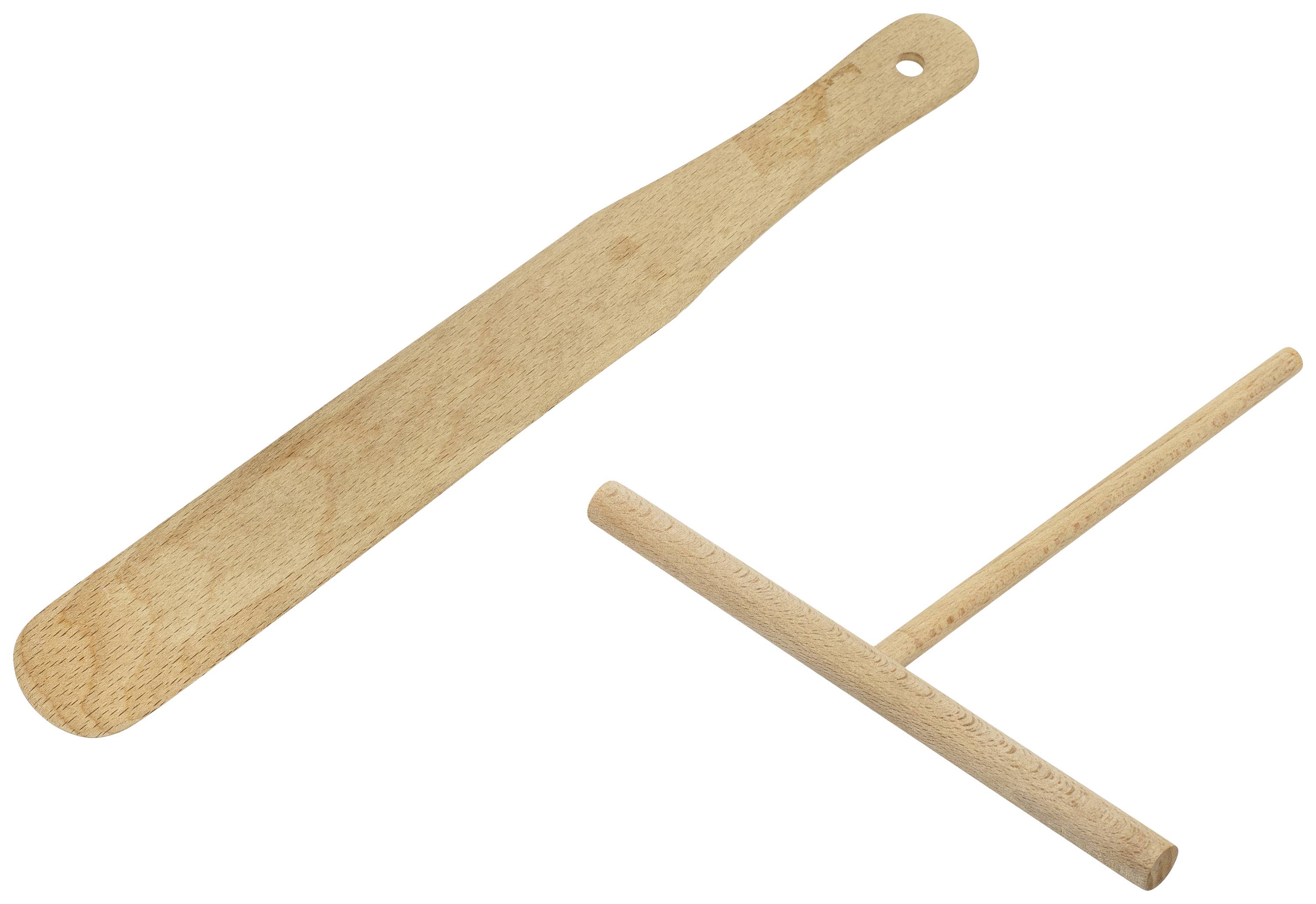 Un paletta per pizza e un mattarello di legno. La paletta ha un manico lungo, il mattarello ha una forma a T. Sono utensili da cucina.