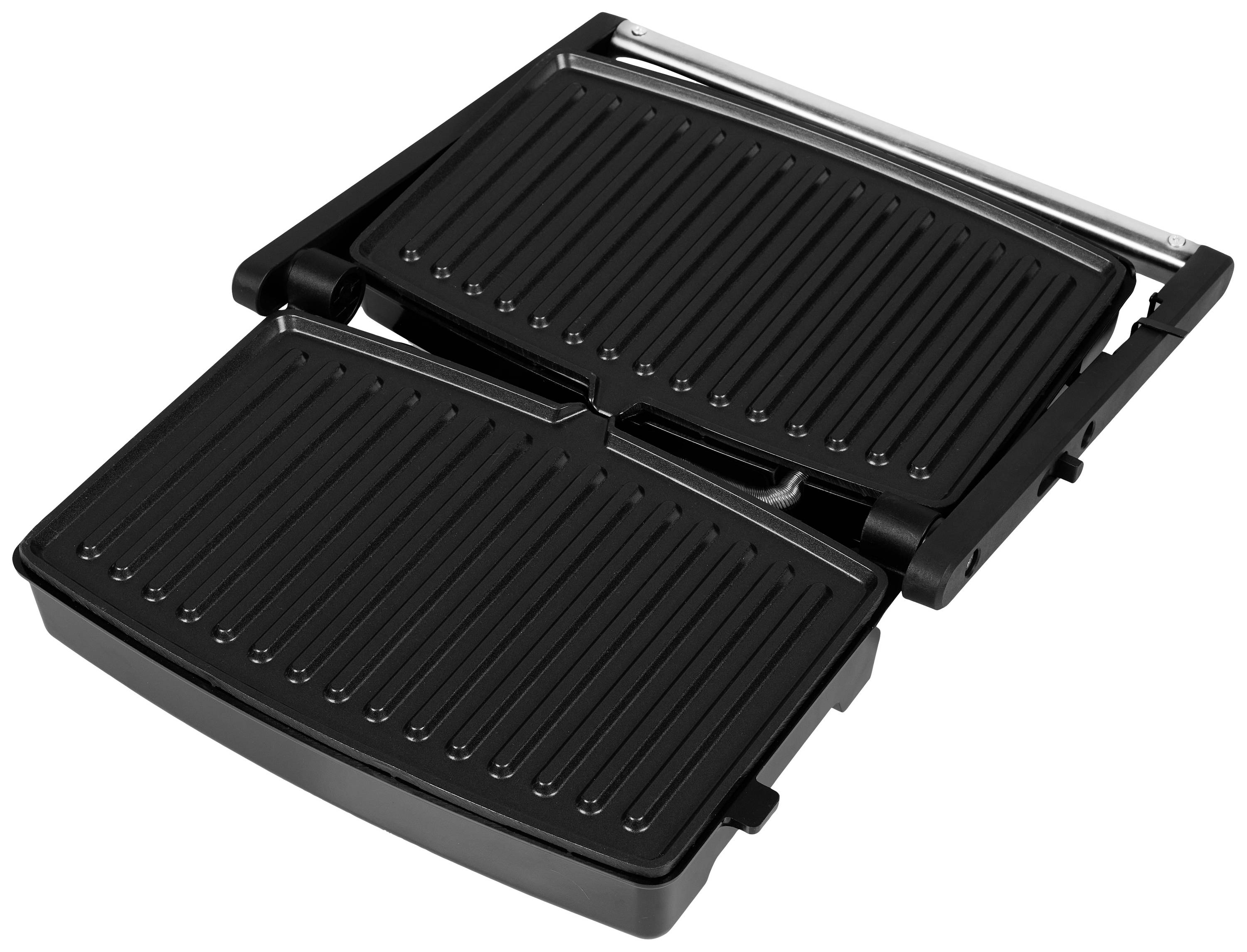 Un grill a contatto aperto con piastre scanalate, adatto per grigliare da entrambi i lati sandwich o carne.