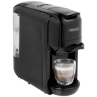 'Macchina da caffè nera con un serbatoio dell'acqua trasparente, prepara il caffè in un bicchiere con schiuma di latte su un vassoio rimovibile.'