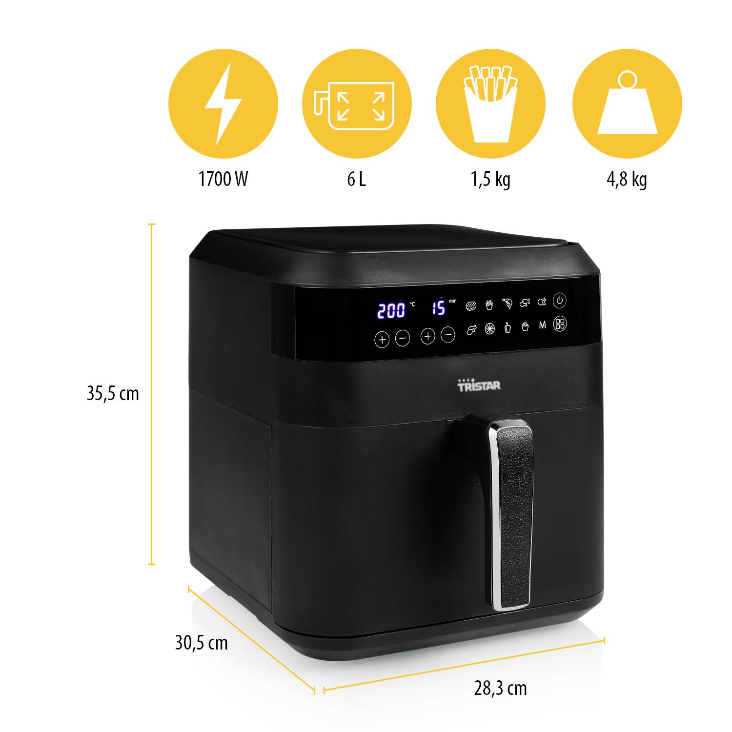 Una friggitrice ad aria calda Tristar con capacità di 6 litri. Mostra simboli per la potenza (1700 W), capacità e peso (4,8 kg). Dimensioni: 35,5 x 30,5 x 28,3 cm.