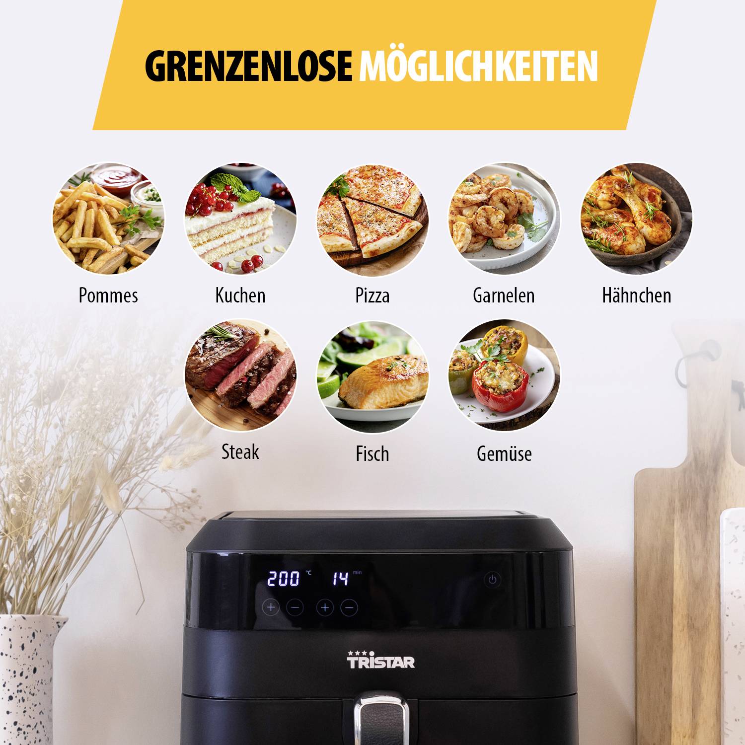 Una friggitrice ad aria calda con display digitale mostra la temperatura. Sopra sono presenti foto di patatine fritte, torta, pizza, gamberi, pollo, bistecca, pesce e verdure con l'intestazione "Possibilità senza limiti".
