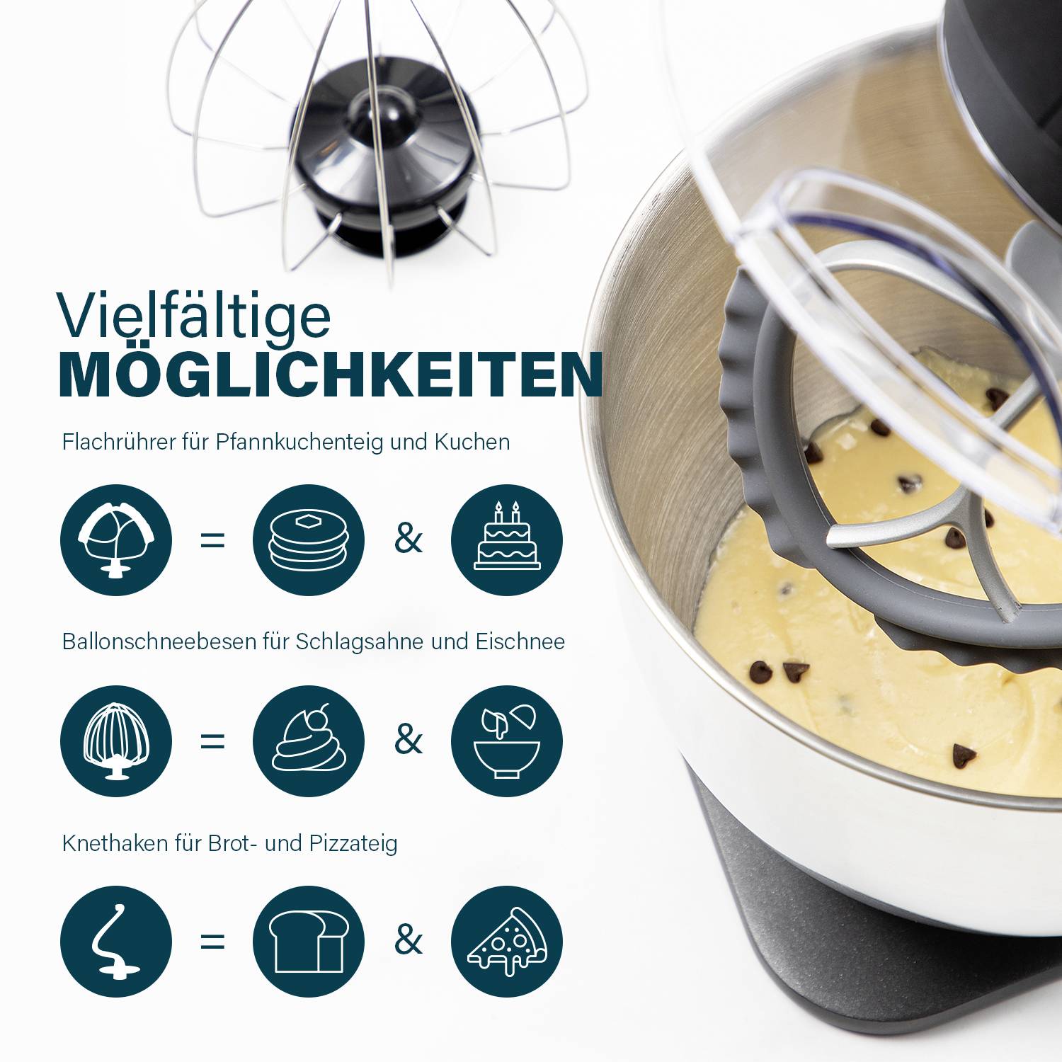 L'immagine mostra una ciotola da impasto. Il testo spiega gli accessori: frusta piatta per biscotti e torte, frusta a palloncino per panna, gancio impastatore per impasti di pane.