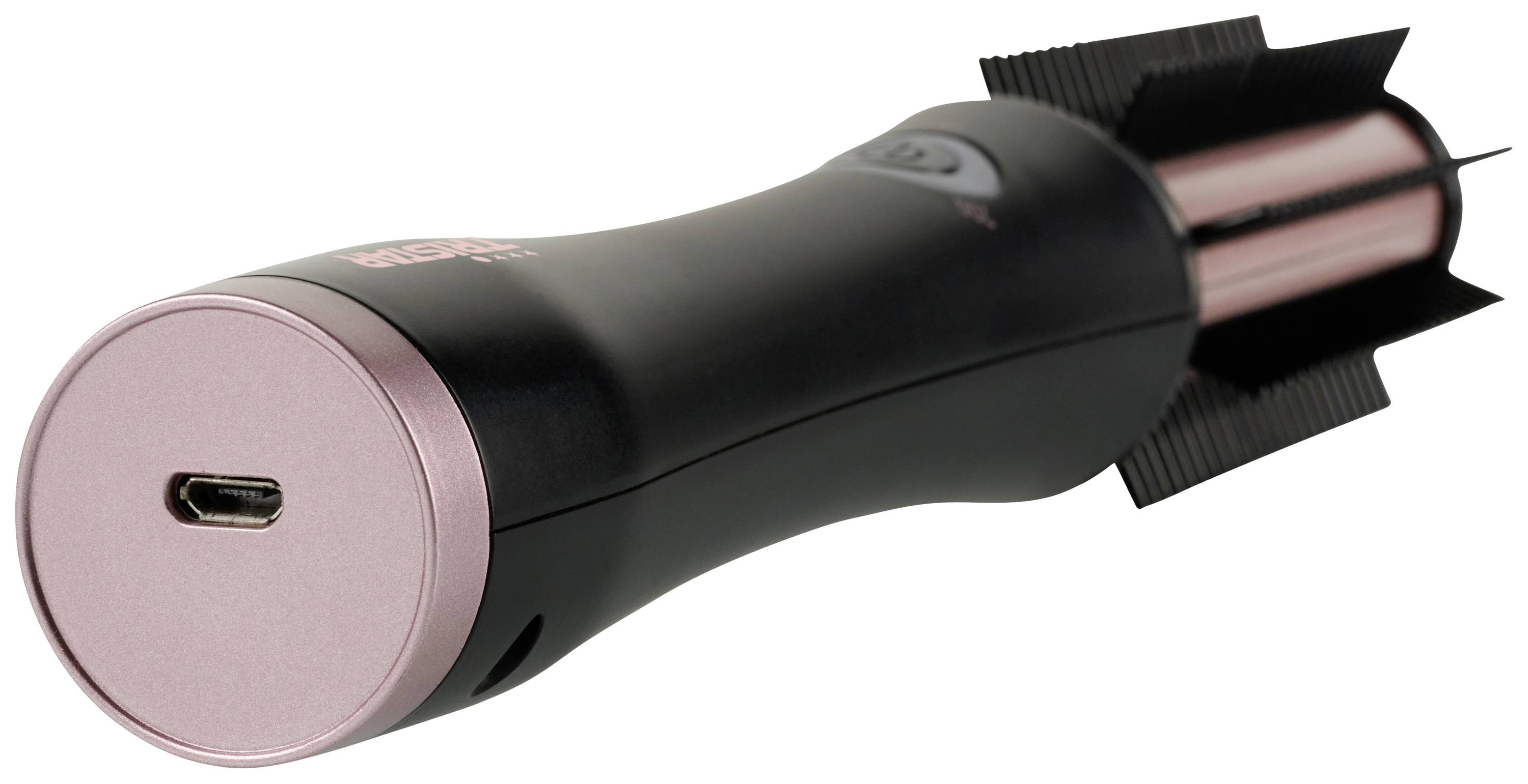 Un arricciacapelli nero e rosa con porta USB. Il dispositivo ha pettini laterali sporgenti per uno styling uniforme.