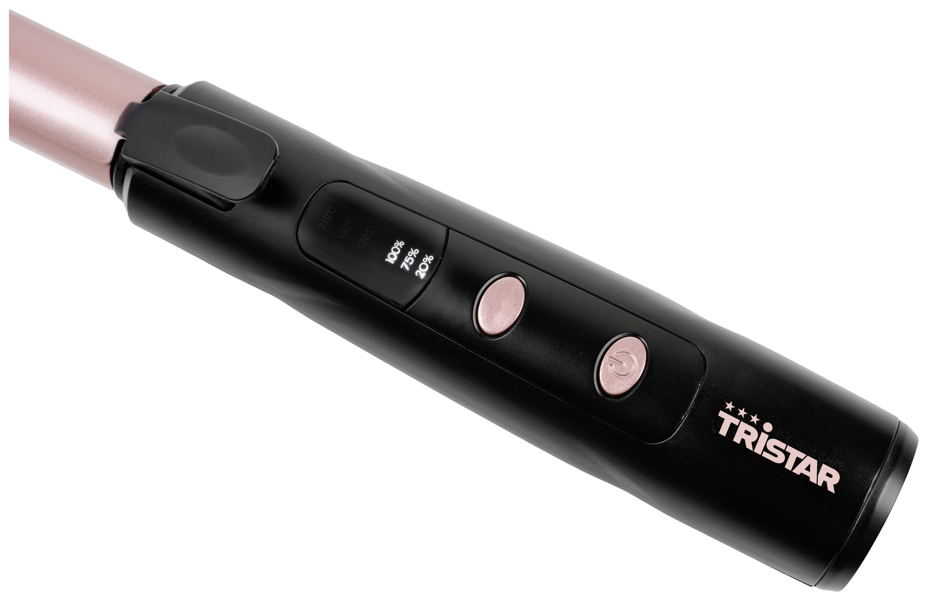 Arricciacapelli elettrico in nero e rosa, con due pulsanti e display della temperatura, marca 'Tristar'.