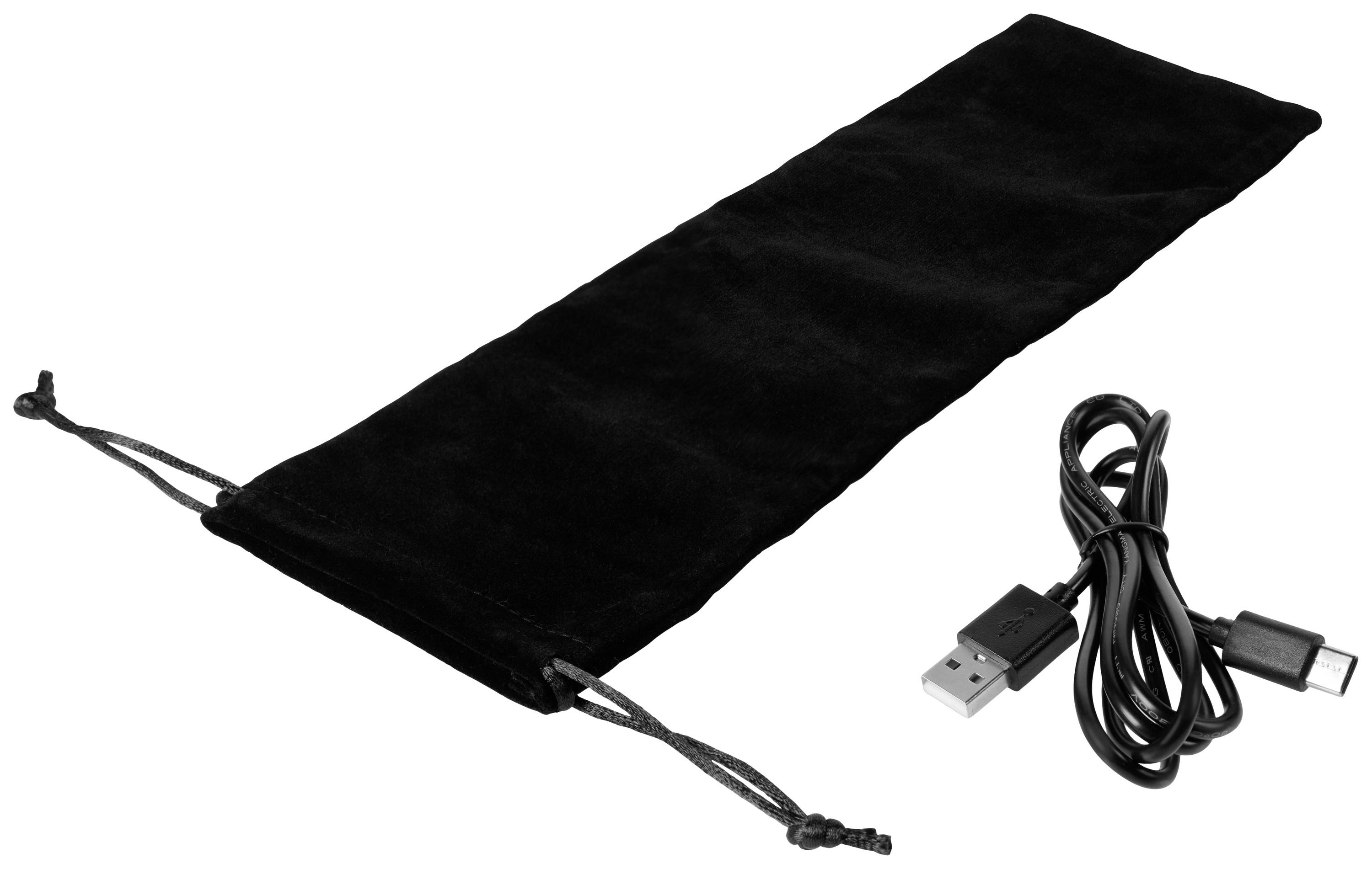 Borsa di stoffa nera accanto a un cavo USB arrotolato con connettori USB-A e USB-C.