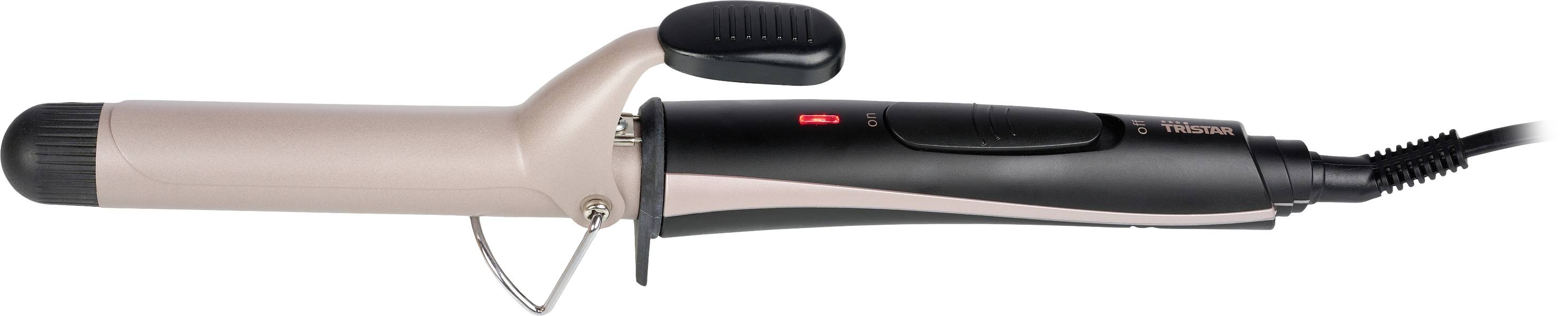 Ferro per capelli con manico nero e barretta beige, adatto per creare ricci. Cavo con spina sul lato destro.