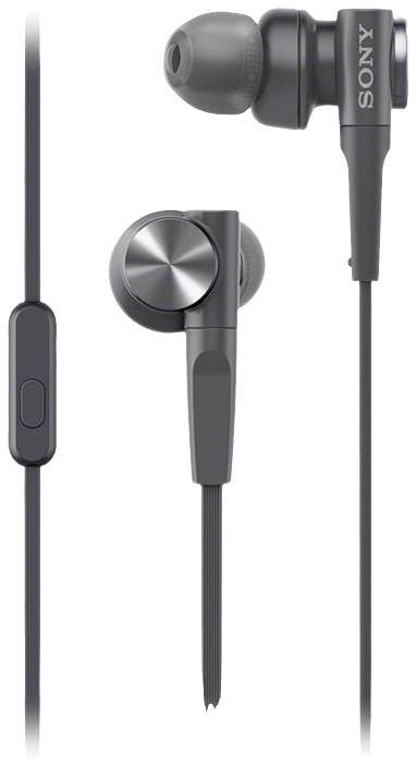 Cuffie in-ear nere con cavo e microfono integrato, raffigurate lateralmente e frontalmente. Scritta 'Sony' visibile.