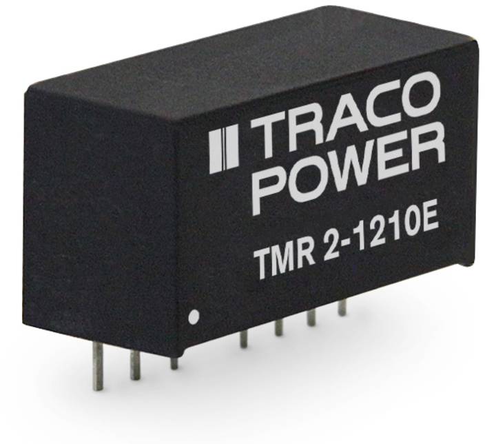 Schwarzer convertitore di tensione TRACO POWER TMR 2-1210E con sei pin di collegamento, adatto per dispositivi elettronici.