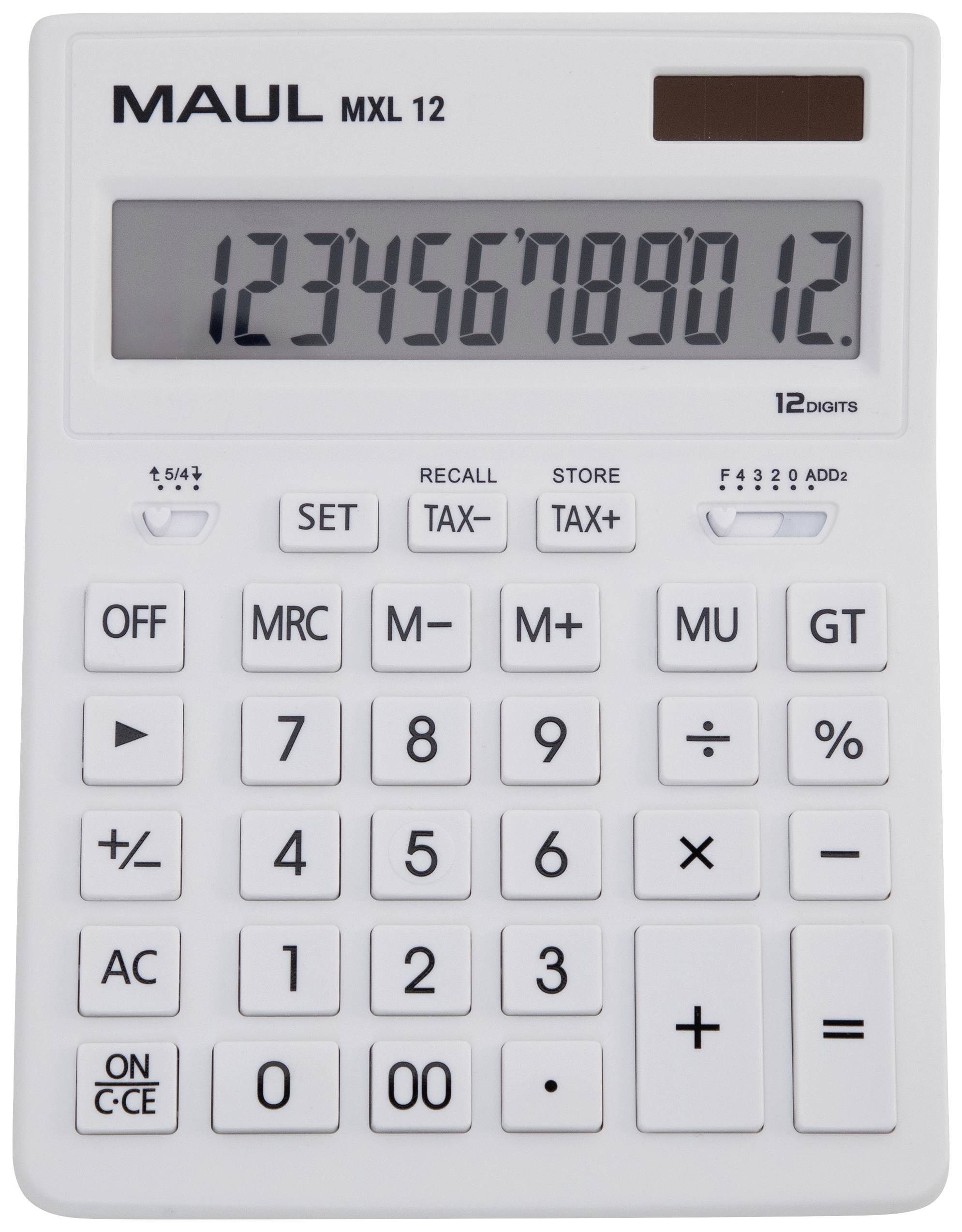 Un calcolatore bianco con display: '1234567890.12'. Sono visibili tasti per le operazioni aritmetiche di base, memoria, imposte e percentuali.