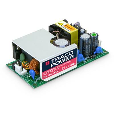 Un modulo di alimentazione switching open frame di Traco Power su una scheda elettronica verde con vari componenti elettrici e condensatori.