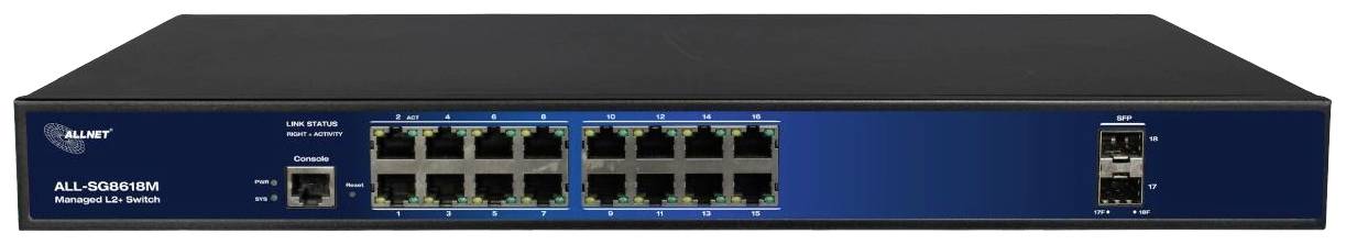 Un interruttore di rete con sedici porte Ethernet e due porte SFP su una piastra frontale blu, per connessioni e trasmissione dati.