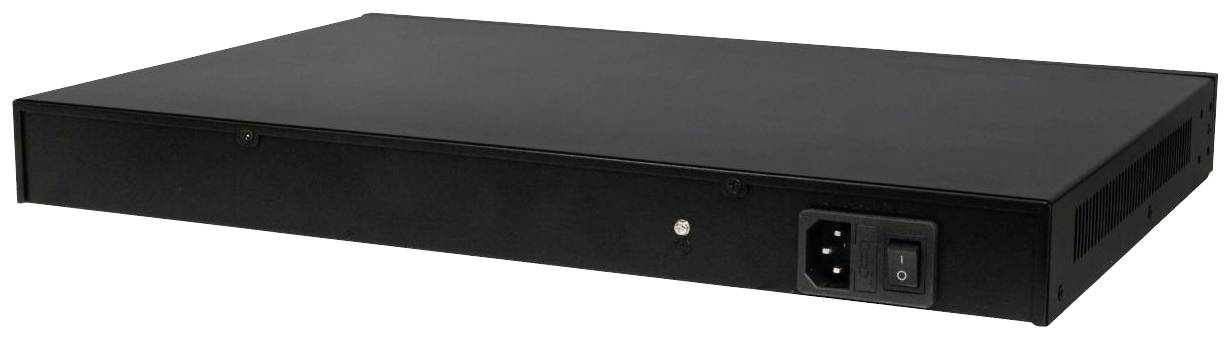 Un dispositivo rack nero con un interruttore on/off e connessione di alimentazione a destra.