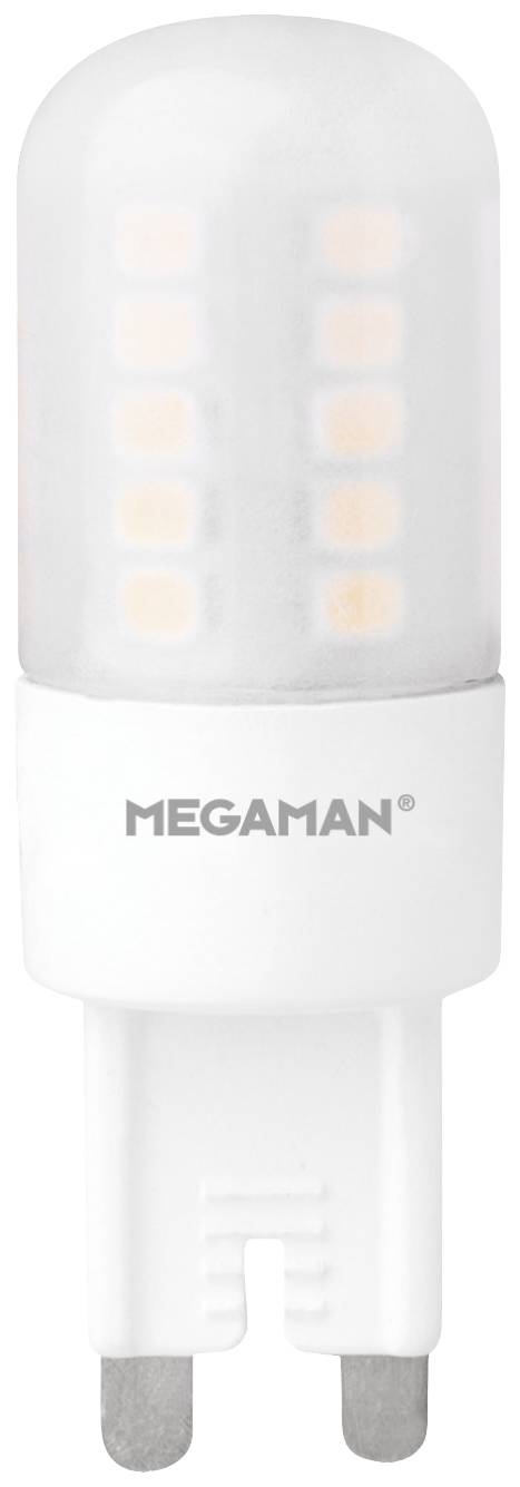 Lampadina LED a risparmio energetico con attacco G9, marca 'Megaman', forma cilindrica, con elementi luminosi visibili all'interno.