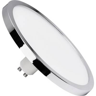 Lampada LED rotonda con cornice argentata, raffigurata inclinata di lato.