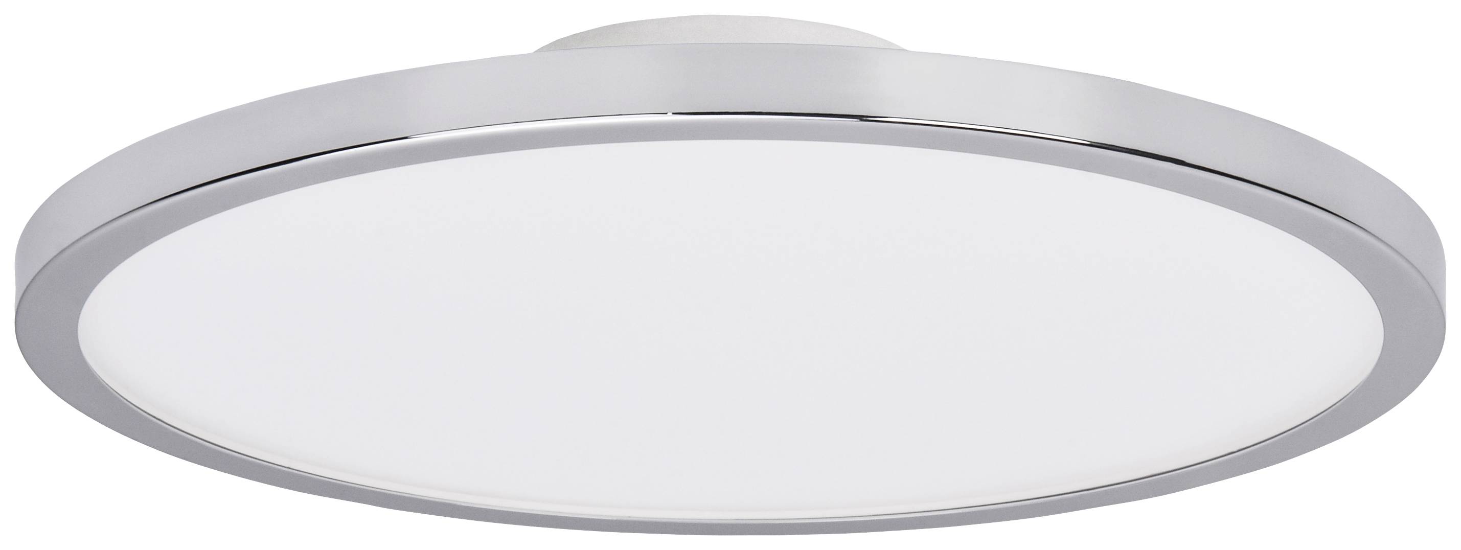 Plafoniera LED rotonda con bordo argentato e copertura luminosa bianca, dal design moderno. Ideale per ambienti residenziali o uffici.