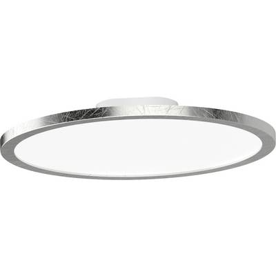 Plafoniera rotonda in metallo con superficie bianca centrale, bordo argentato, design moderno, adatta per interni.