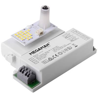 Un modulo LED con driver di Megaman. Il modulo mostra numerosi chip LED gialli e dispone di connettori per i collegamenti elettrici.