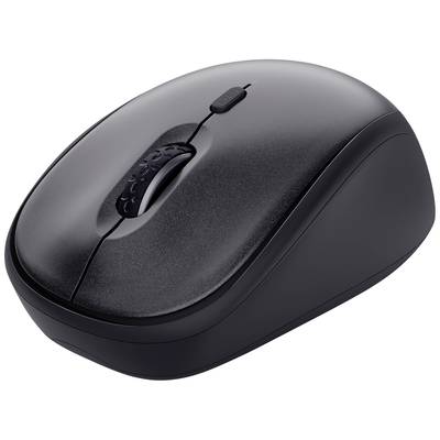 Un mouse nero, wireless, con rotella di scorrimento, raffigurato su uno sfondo bianco.