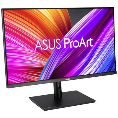 Un monitor ASUS ProArt con uno sfondo astratto e luminoso in arancione, rosa e viola, ottimizzato per il lavoro creativo.