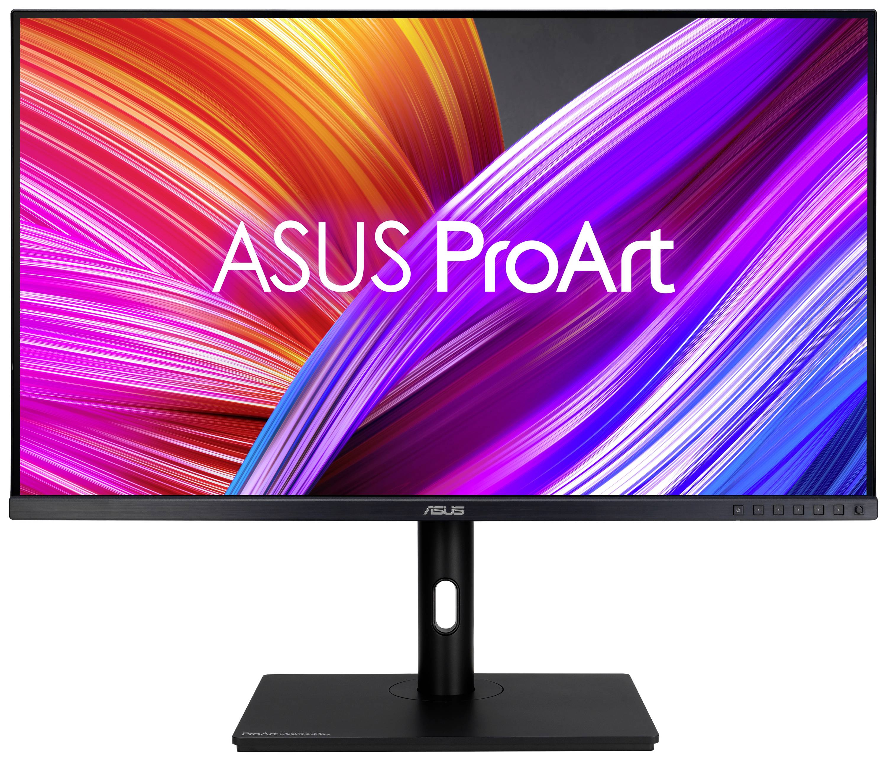 Un monitor ASUS ProArt con vibranti linee colorate sullo schermo, che mostra un design creativo e una nitidezza visiva cristallina.