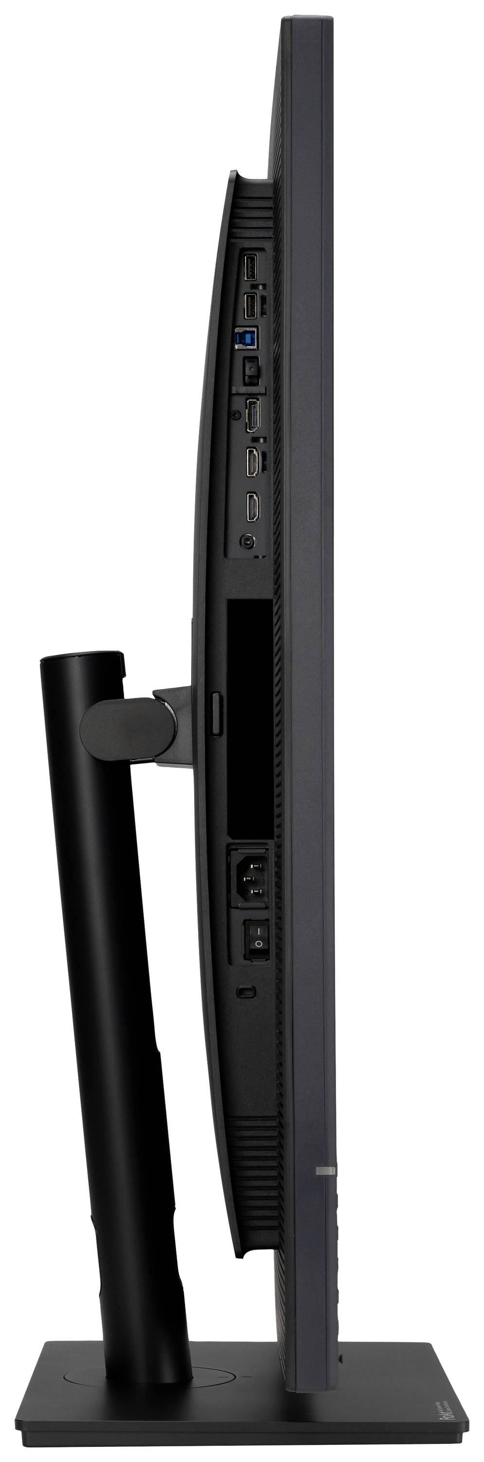 Un monitor piatto visto di lato, con elementi di connessione e controllo visibili. Mostra una struttura snella e moderna.