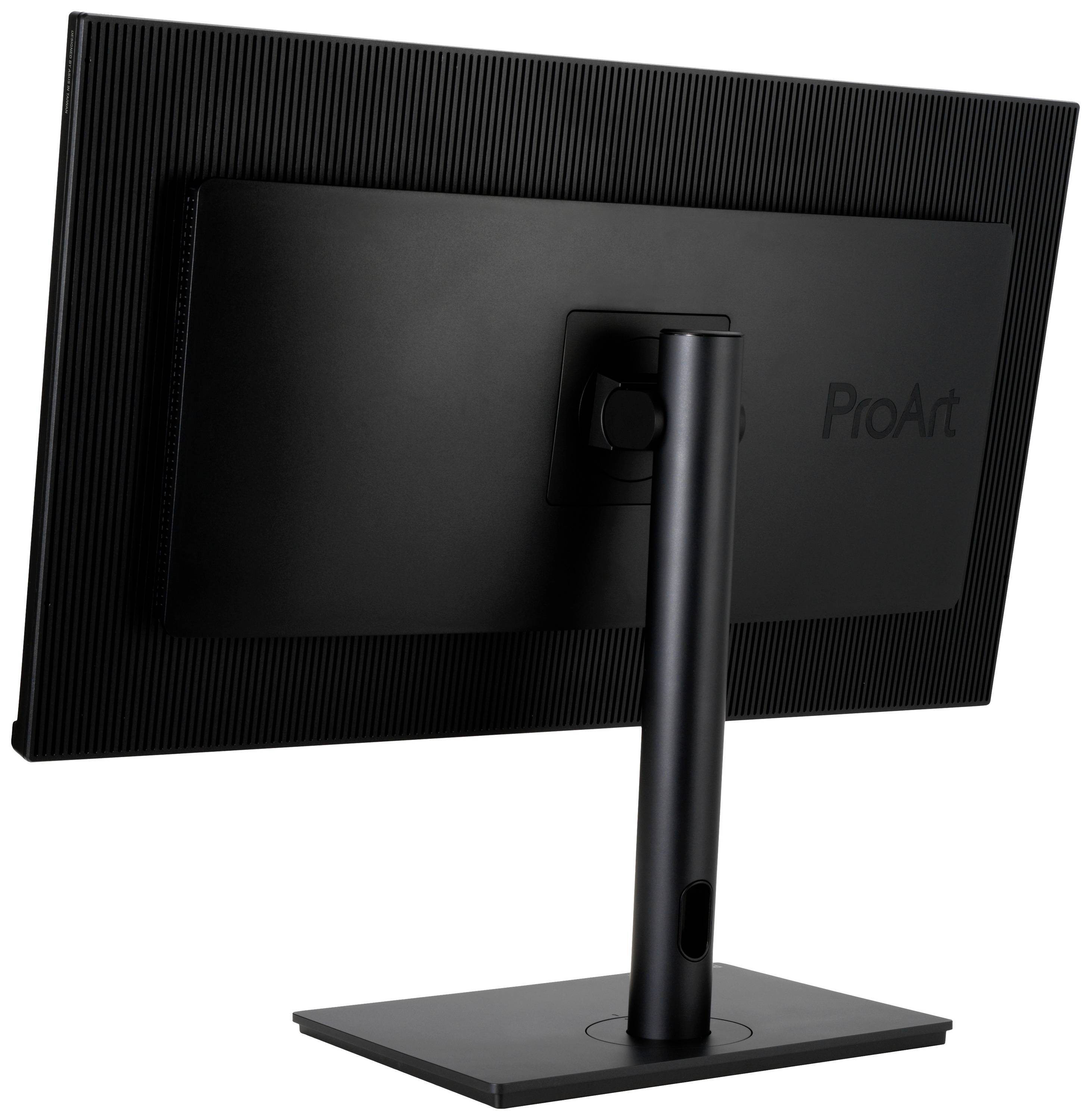 Un monitor nero visto da dietro con la scritta 'ProArt' sul retro, elegantemente montato su un supporto regolabile.