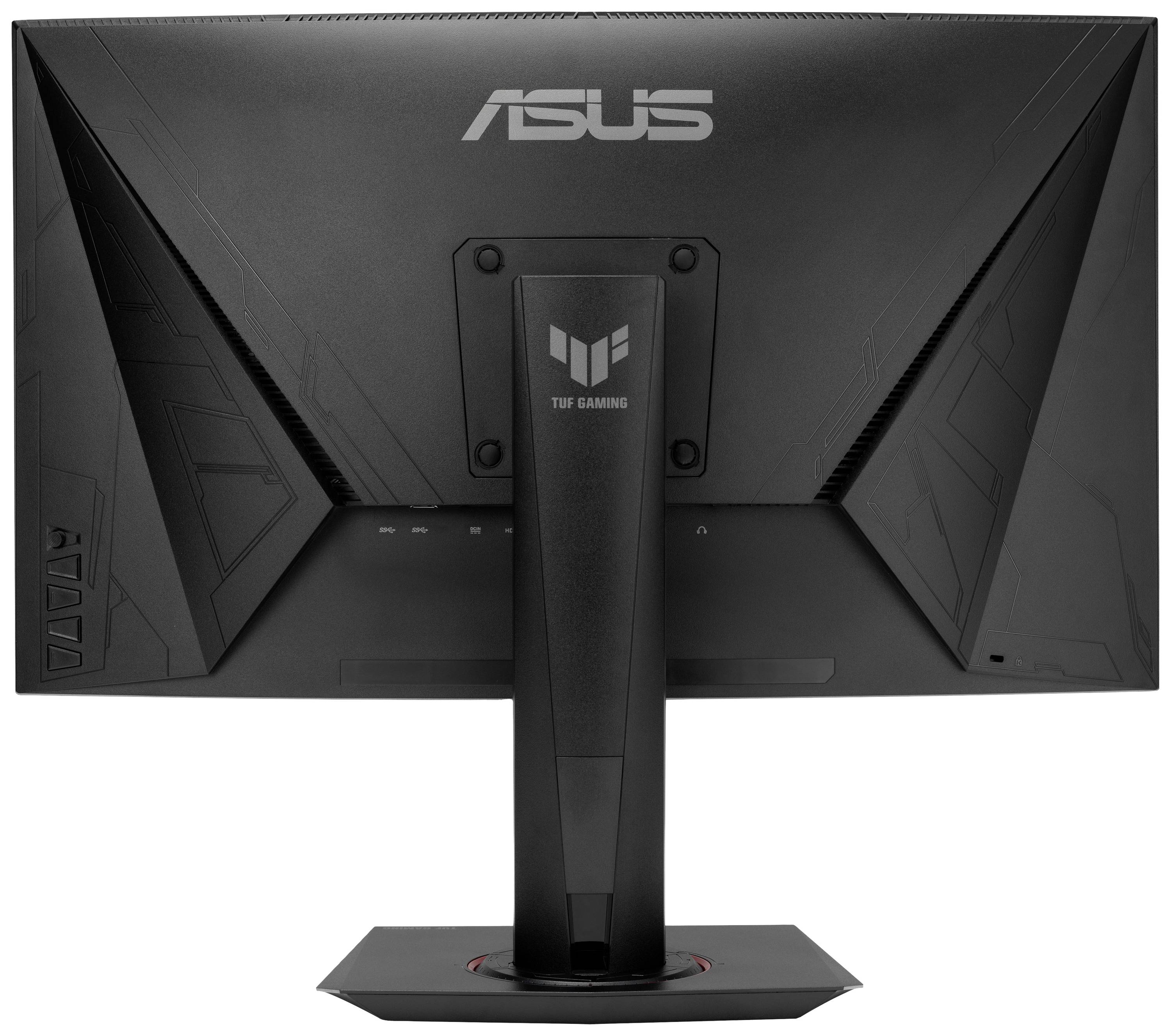Retro di un monitor da gaming Asus TUF con un robusto piedistallo e design geometrico, che mostra il logo del marchio e le opzioni di connettività.