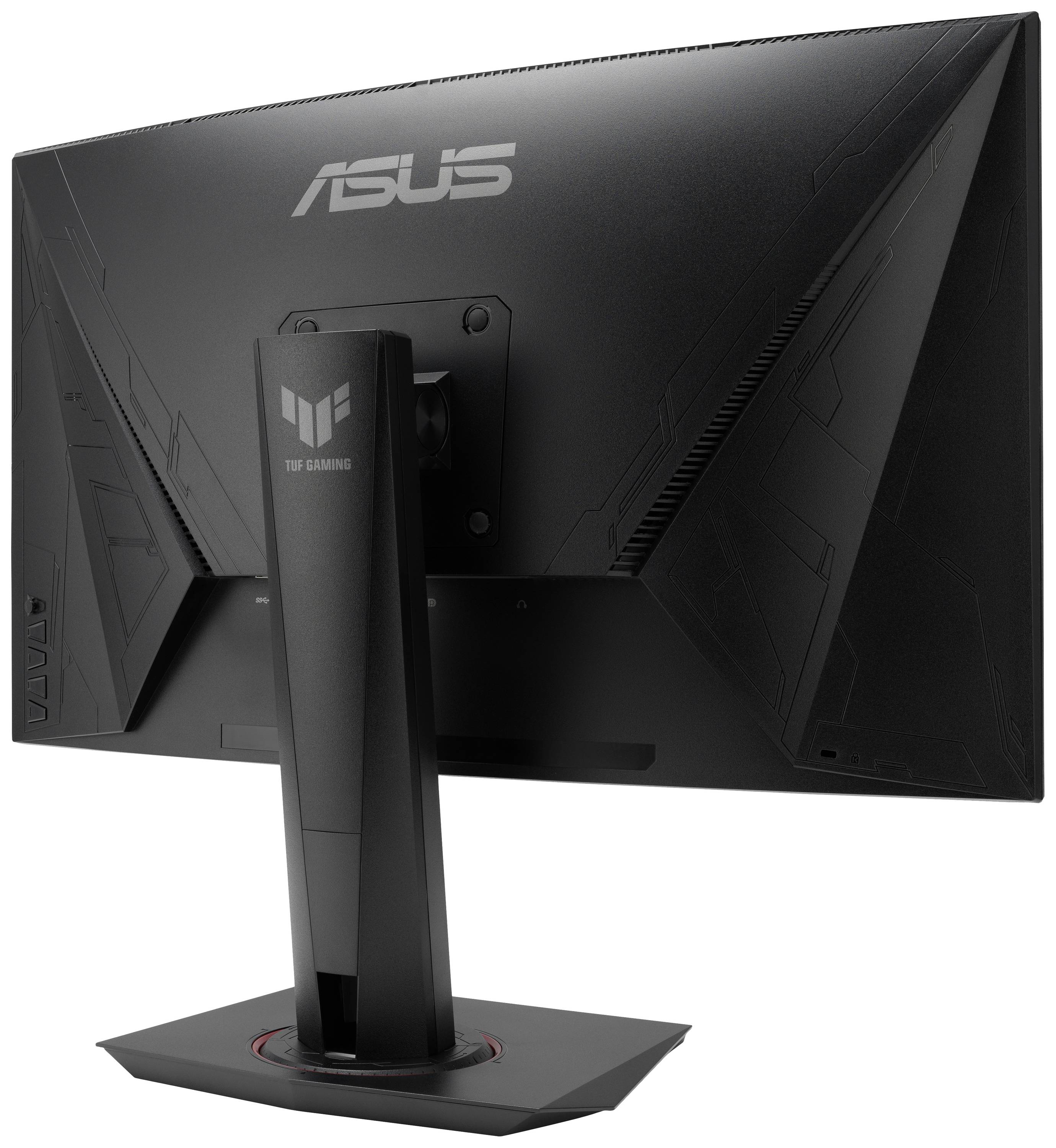 Un monitor da gaming Asus TUF nero visto da dietro, con un robusto supporto e il logo Asus visibile in alto.