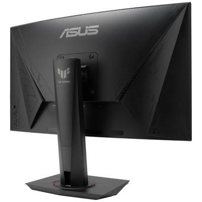 Un monitor da gaming Asus TUF nero visto da dietro, con un robusto supporto e il logo Asus visibile in alto.