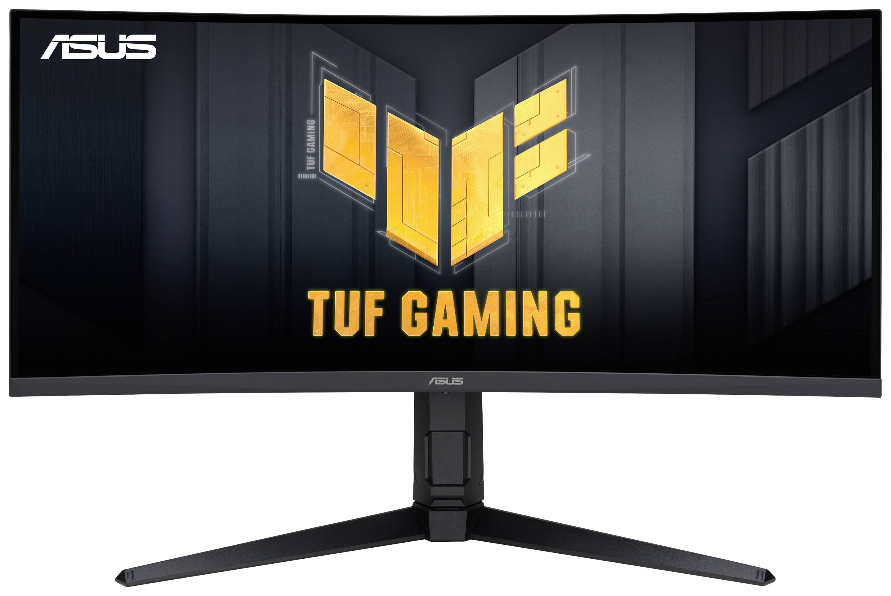 Monitor da gaming più ampio di ASUS con logo TUF Gaming sullo schermo, che sottolinea un design robusto e caratteristiche di gioco avanzate.