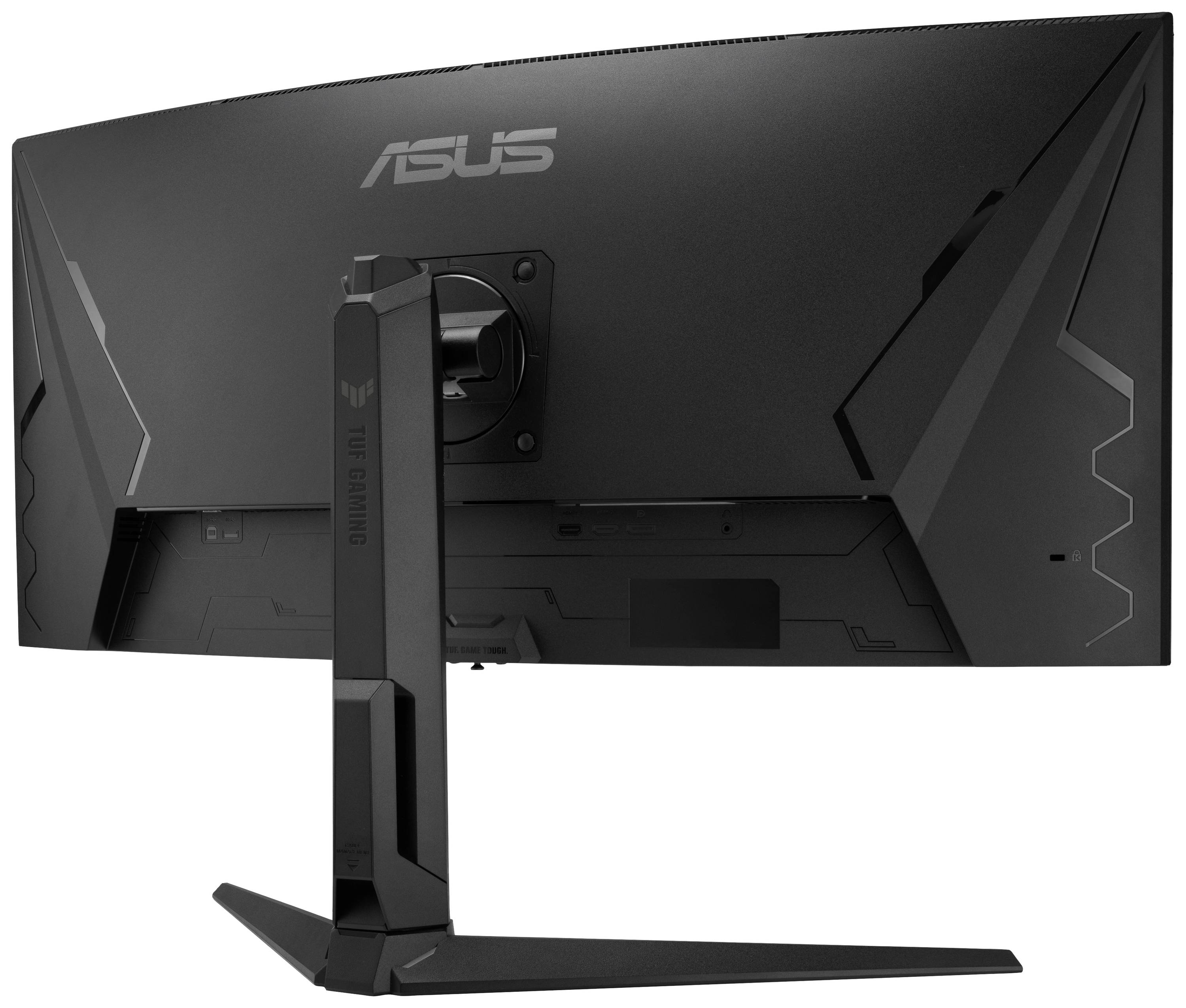 Vista posteriore di un monitor nero con il logo di un marchio famoso e un piedistallo stabile.