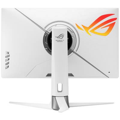 Un monitor da gaming bianco del marchio con un logo rosso-arancione sul retro, montato su un supporto stabile.