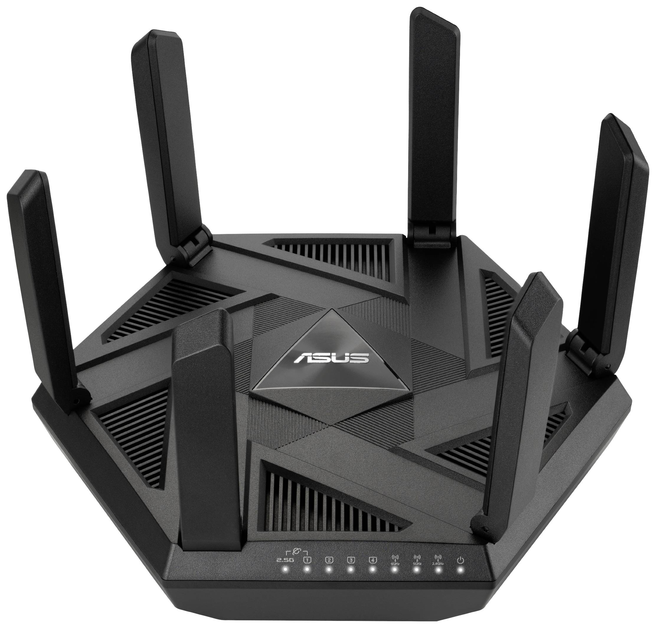Router WLAN nero esagonale con sei antenne prominenti in posizione verticale. Il nome del marchio 'ASUS' è visibile sulla parte superiore.