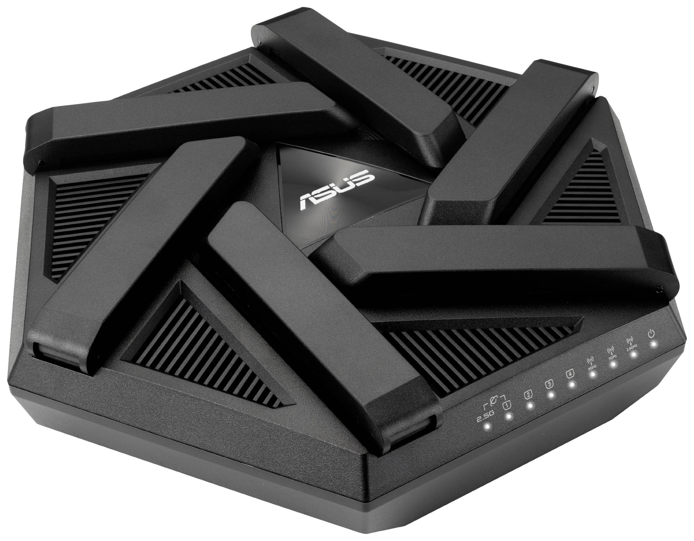 Router WLAN nero esagonale con sei antenne sporgenti, fessure di ventilazione diagonali e un logo centrale.