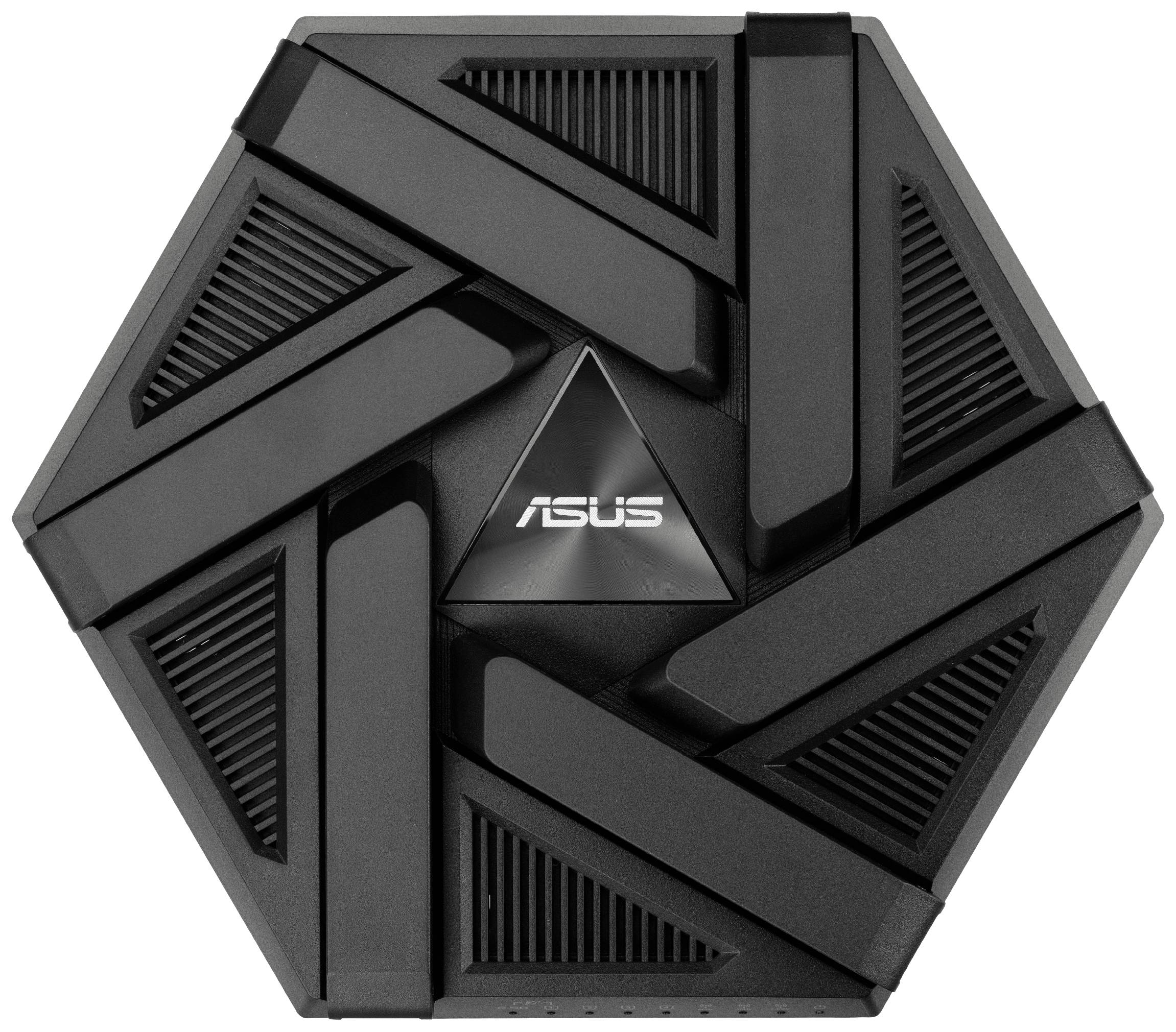 Un router Wi-Fi ASUS nero esagonale con design geometrico e fessure di ventilazione in alto.