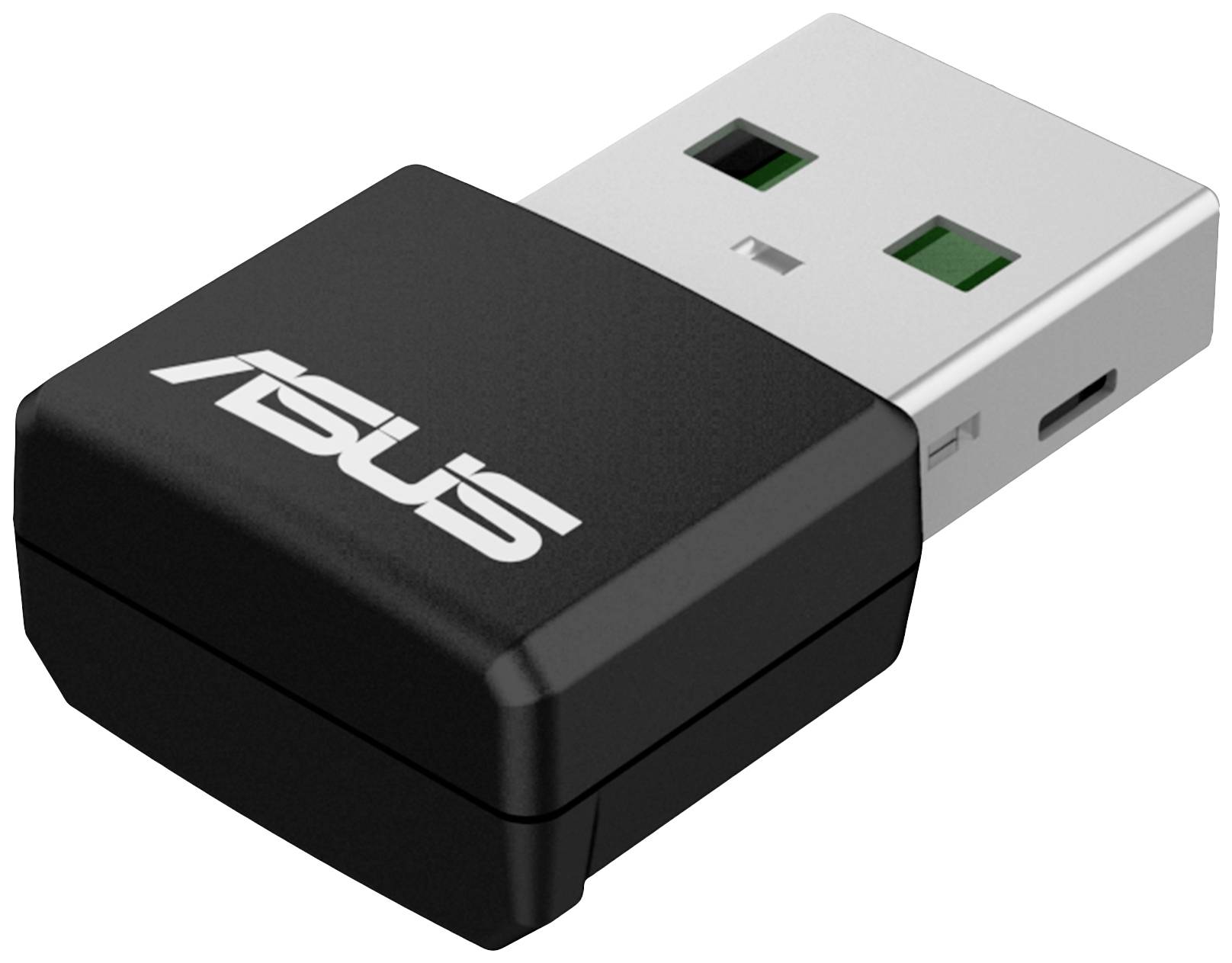 Un adattatore USB Wi-Fi ASUS nero e argento utilizzato per connessioni di rete wireless.