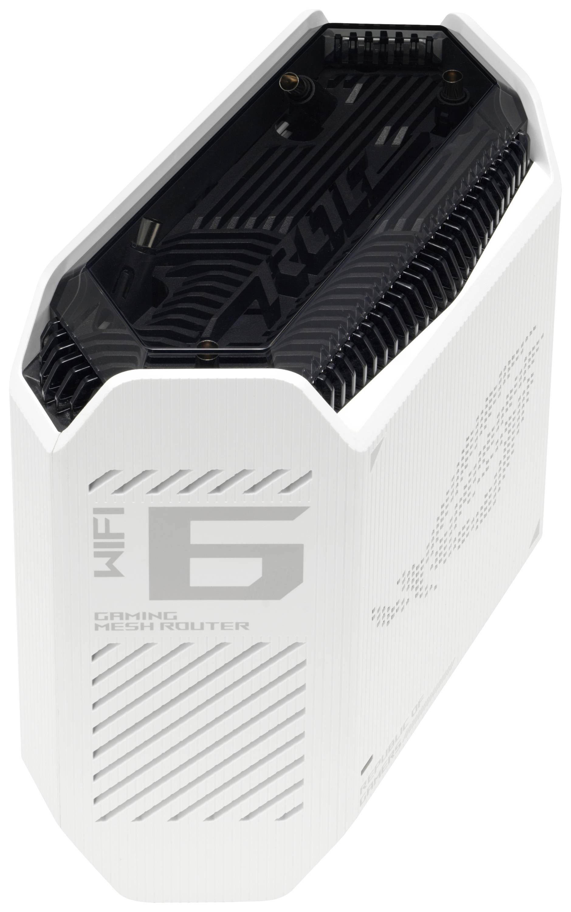 Un router da gaming WiFi 6 bianco dal design moderno e con alette di raffreddamento. Progettato principalmente per fornire internet veloce e stabile durante il gioco.