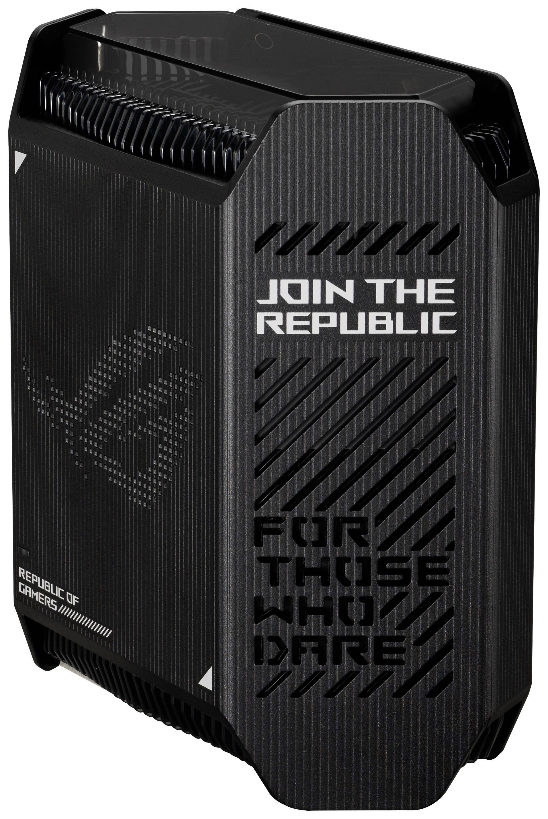 Custodia per computer nera con scrittura in rilievo: 'JOIN THE REPUBLIC' e 'FOR THOSE WHO DARE', design elegante con fessure di ventilazione.
