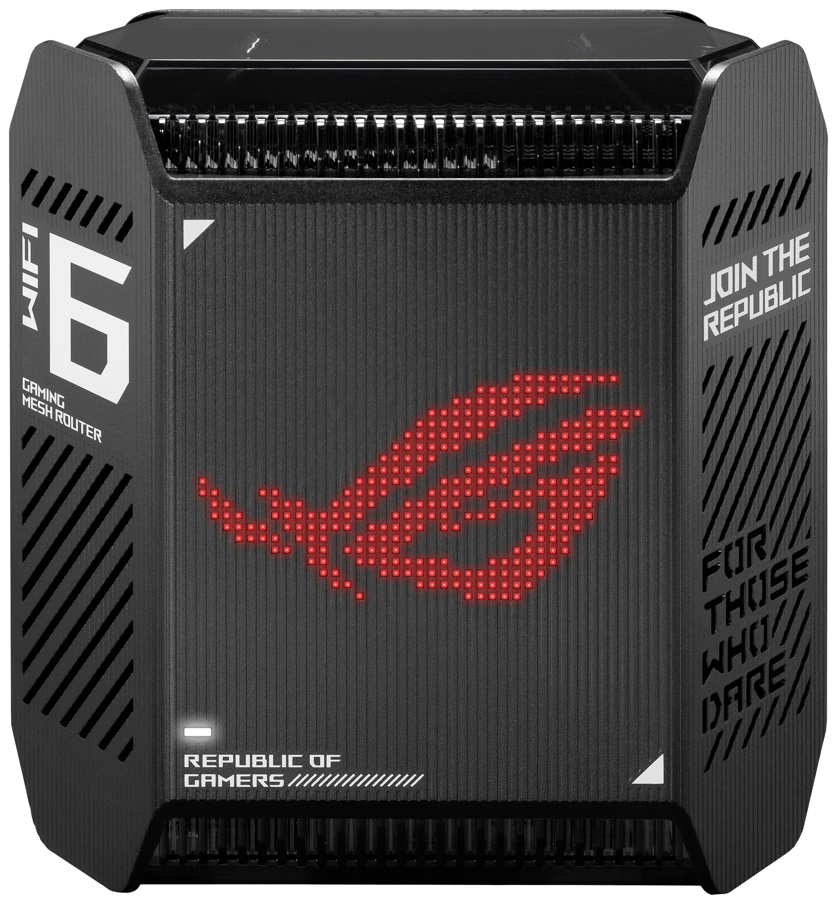 Router da gaming nero con logo 'Republic of Gamers', scritte 'WiFi 6', 'Join the Republic' e 'For Those Who Dare'.