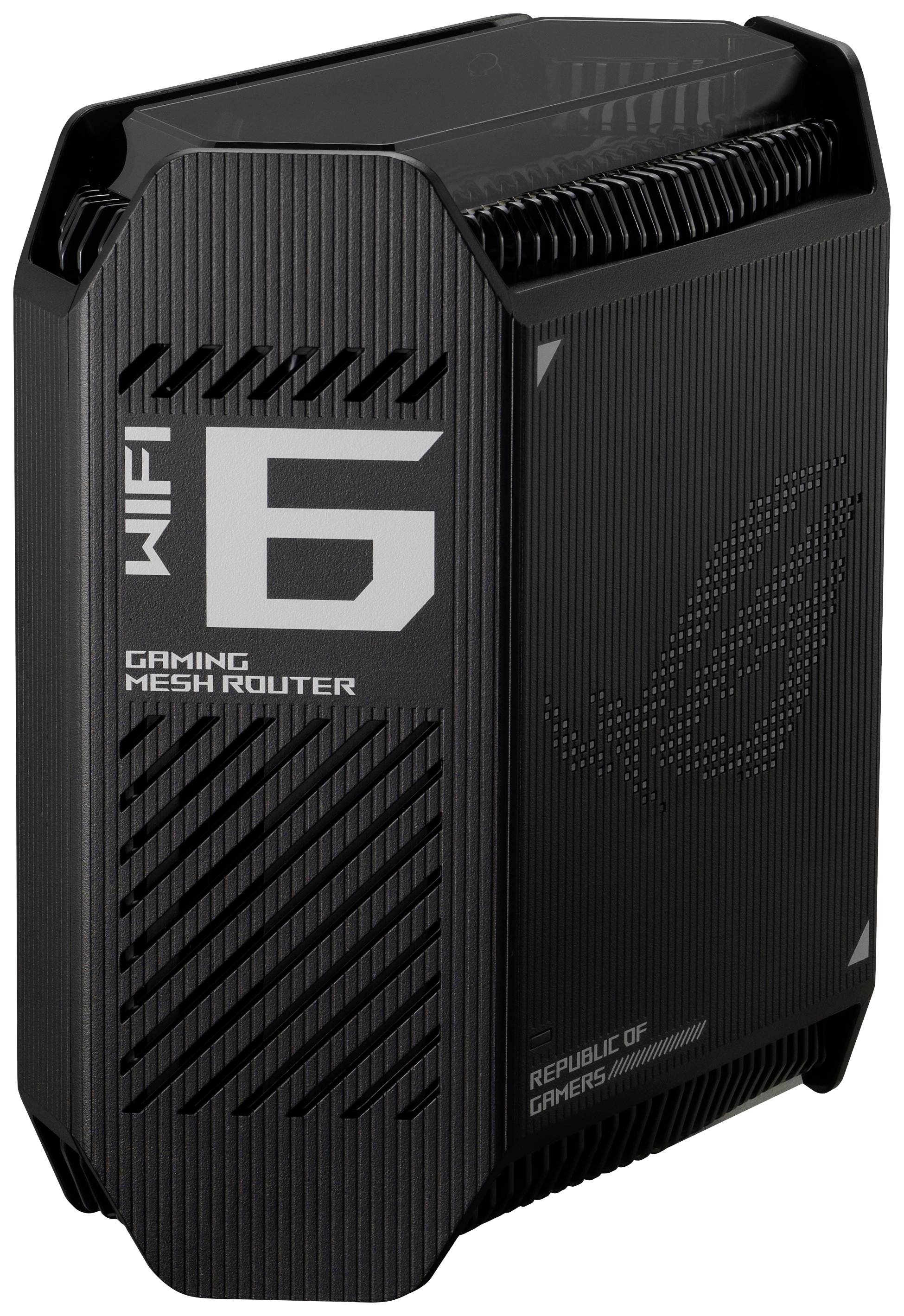 Router da gaming nero con orientamento verticale, scritta 'WIFI 6' e design strutturato, ideale per reti veloci.