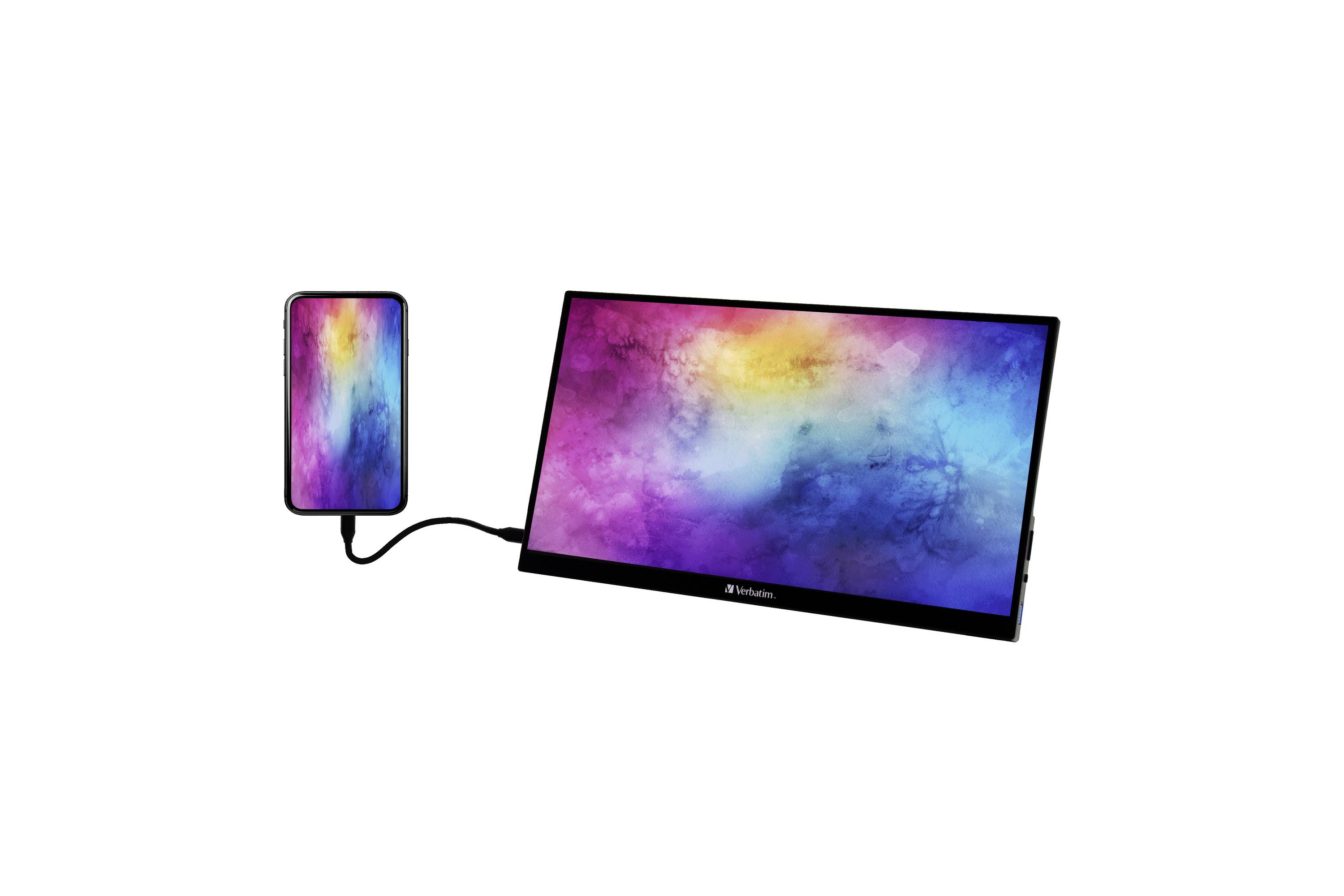 Un smartphone è collegato tramite un cavo a un monitor portatile. Entrambi gli schermi mostrano un motivo astratto e colorato.