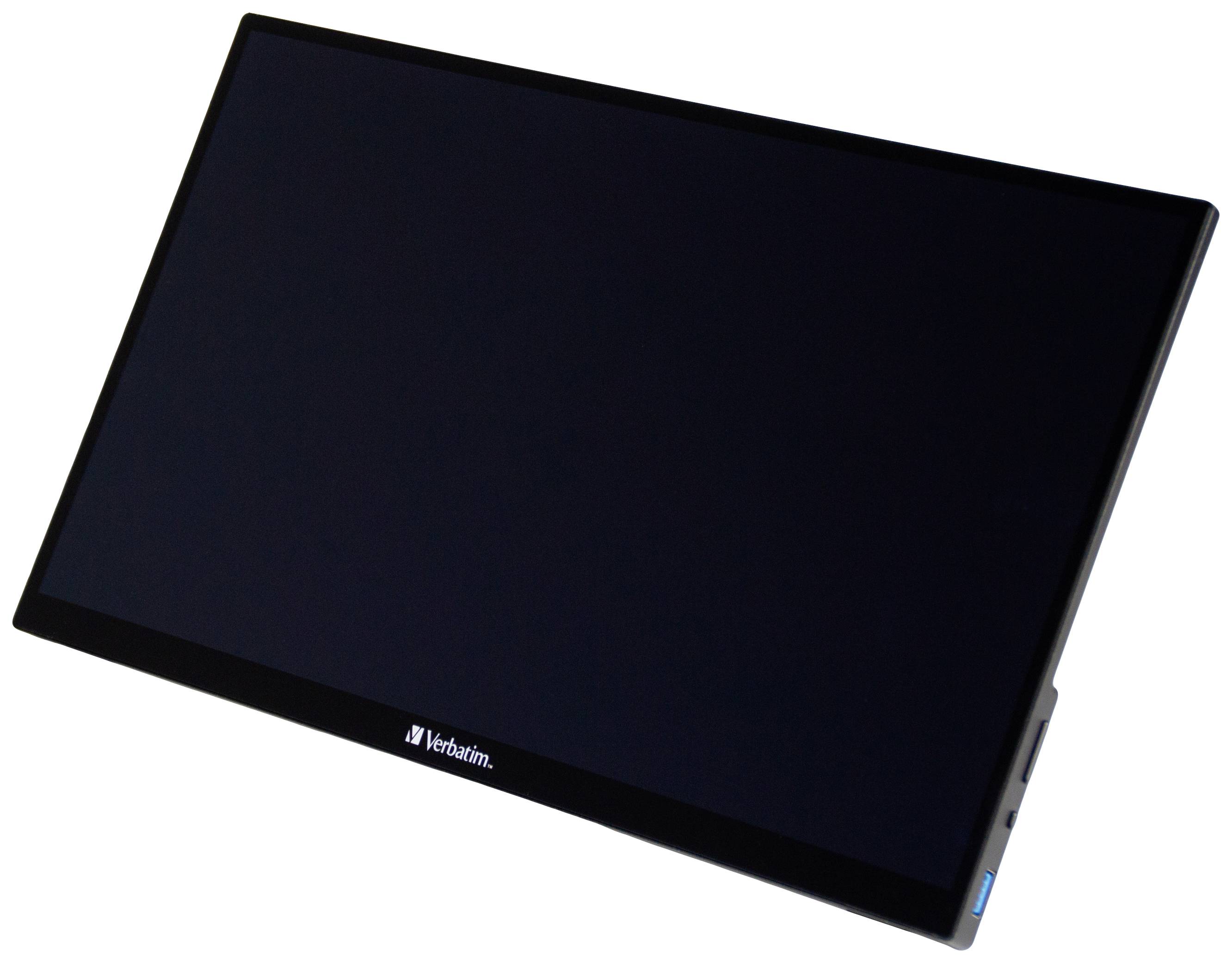 Monitor portatile con cornice nera e logo Verbatim in basso, schermo spento.