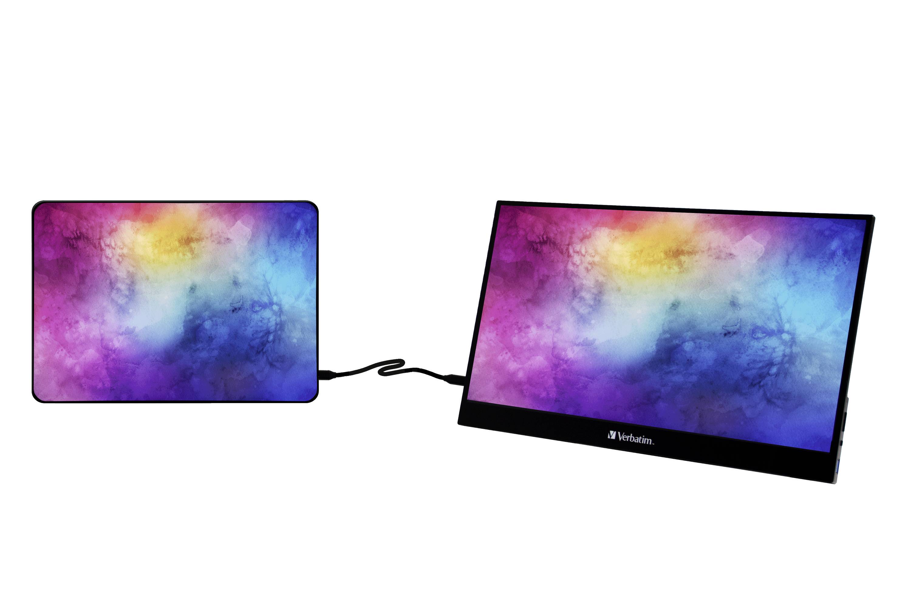 Due monitor collegati mostrano colori vivaci che si fondono l'uno nell'altro. Il monitor di destra è leggermente più grande ed è della marca Verbatim.