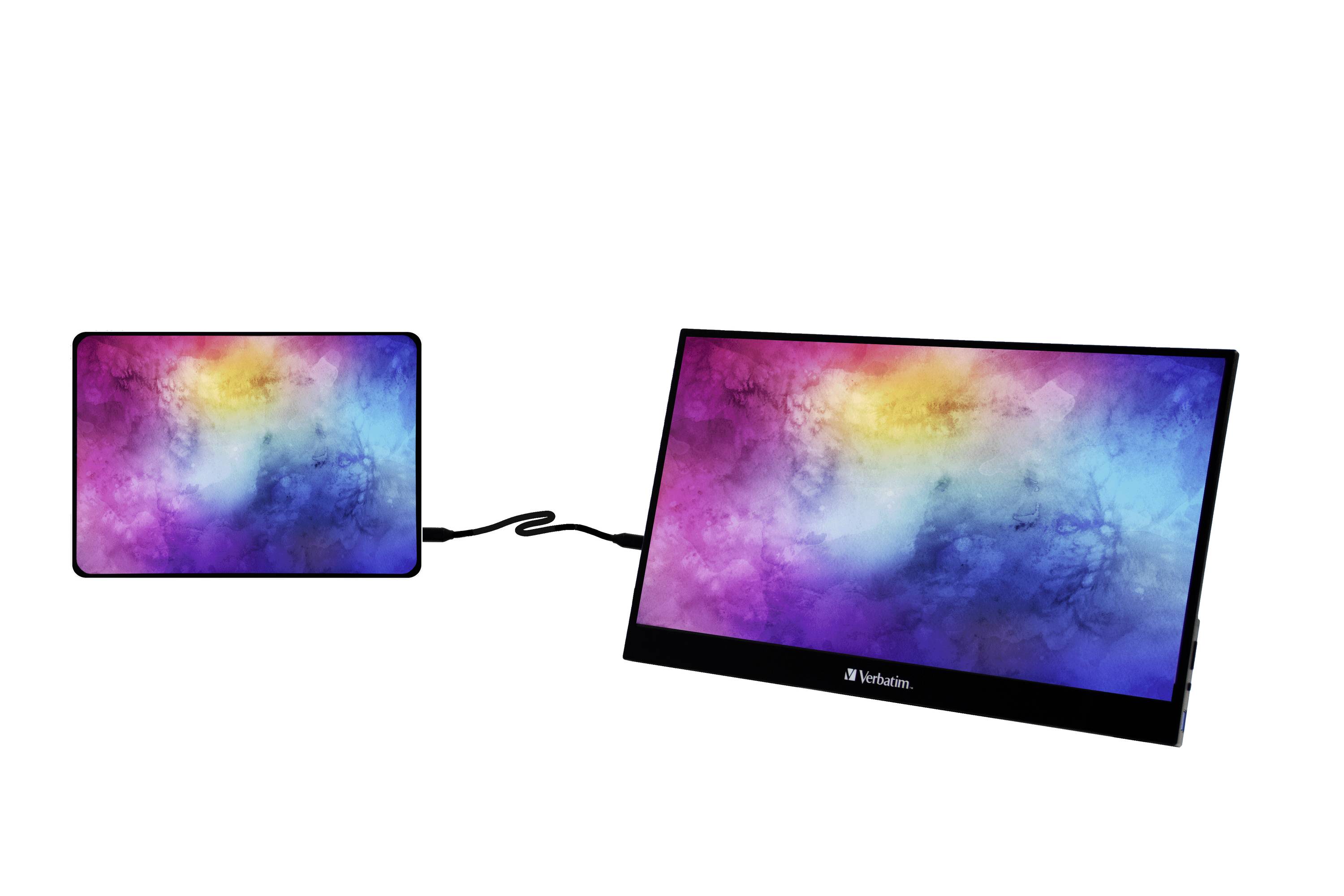 Un smartphone e un monitor più grande, entrambi mostrano un motivo colorato simile a una nuvola. Lo smartphone è collegato al monitor.