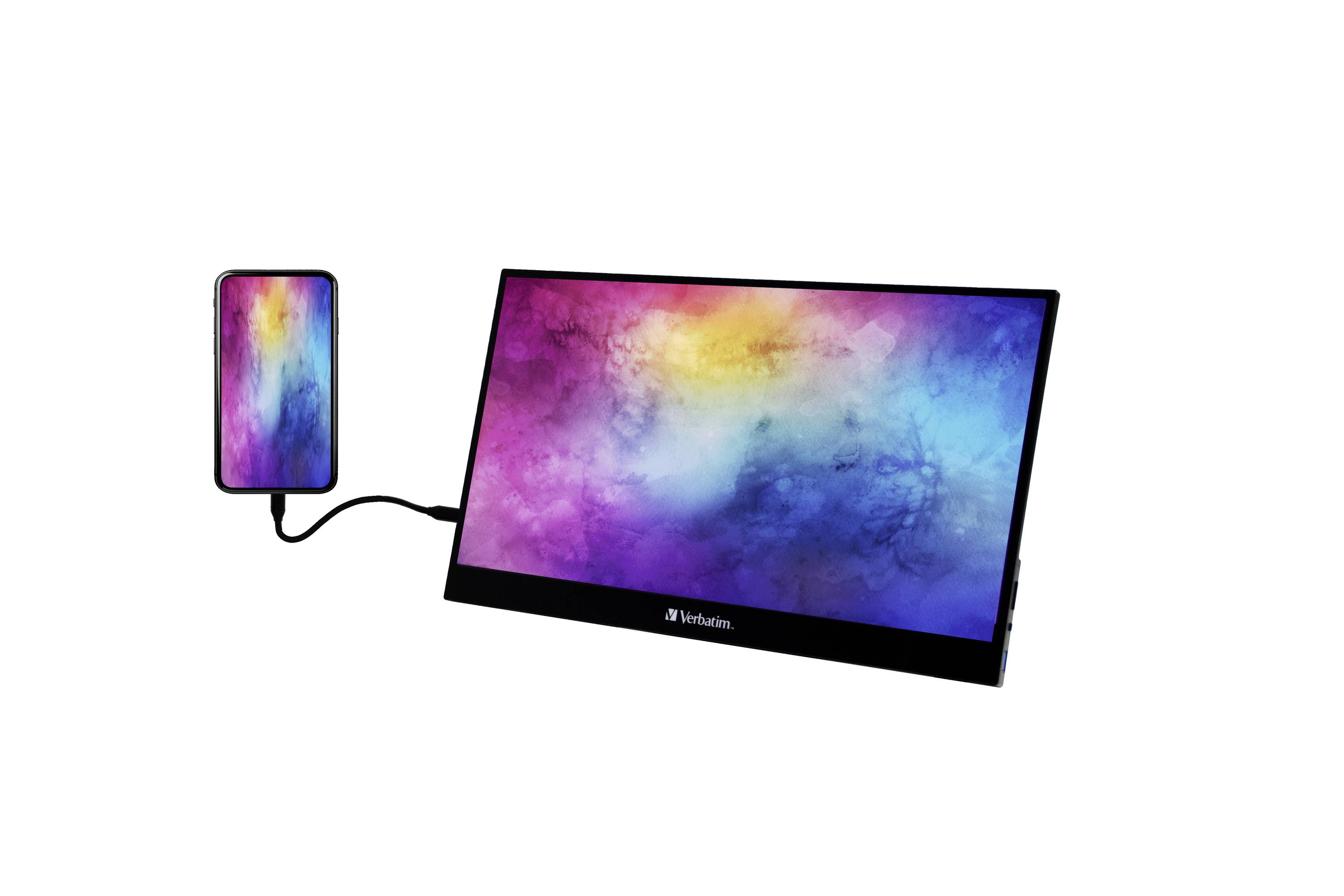 Smartphone connesso a un grande schermo colorato. Mostra la riproduzione dei colori e le possibilità di connessione dei dispositivi digitali.