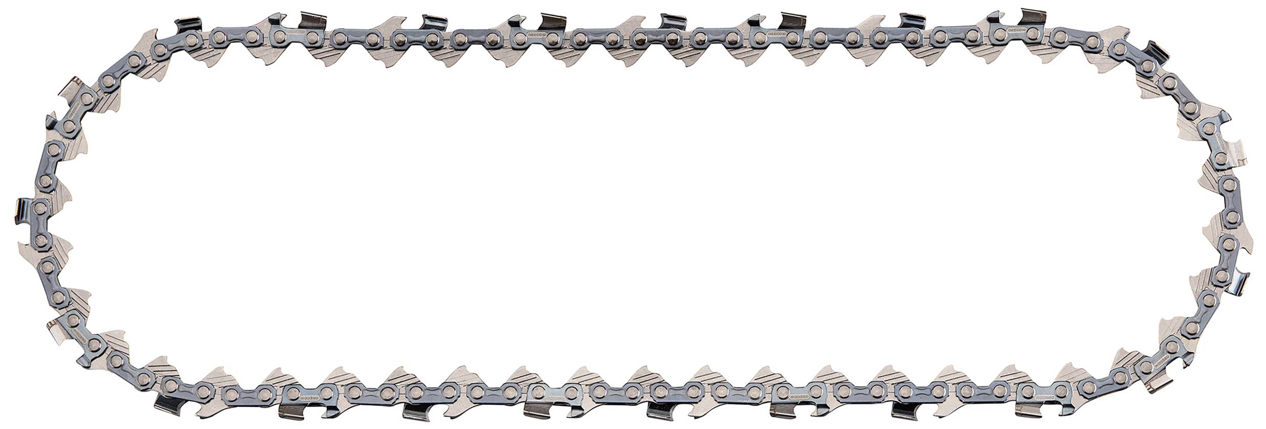 Catena di motosega disposta in forma ovale su sfondo bianco, che mostra i denti di taglio e gli anelli di connessione, importante per l'utilizzo della motosega.