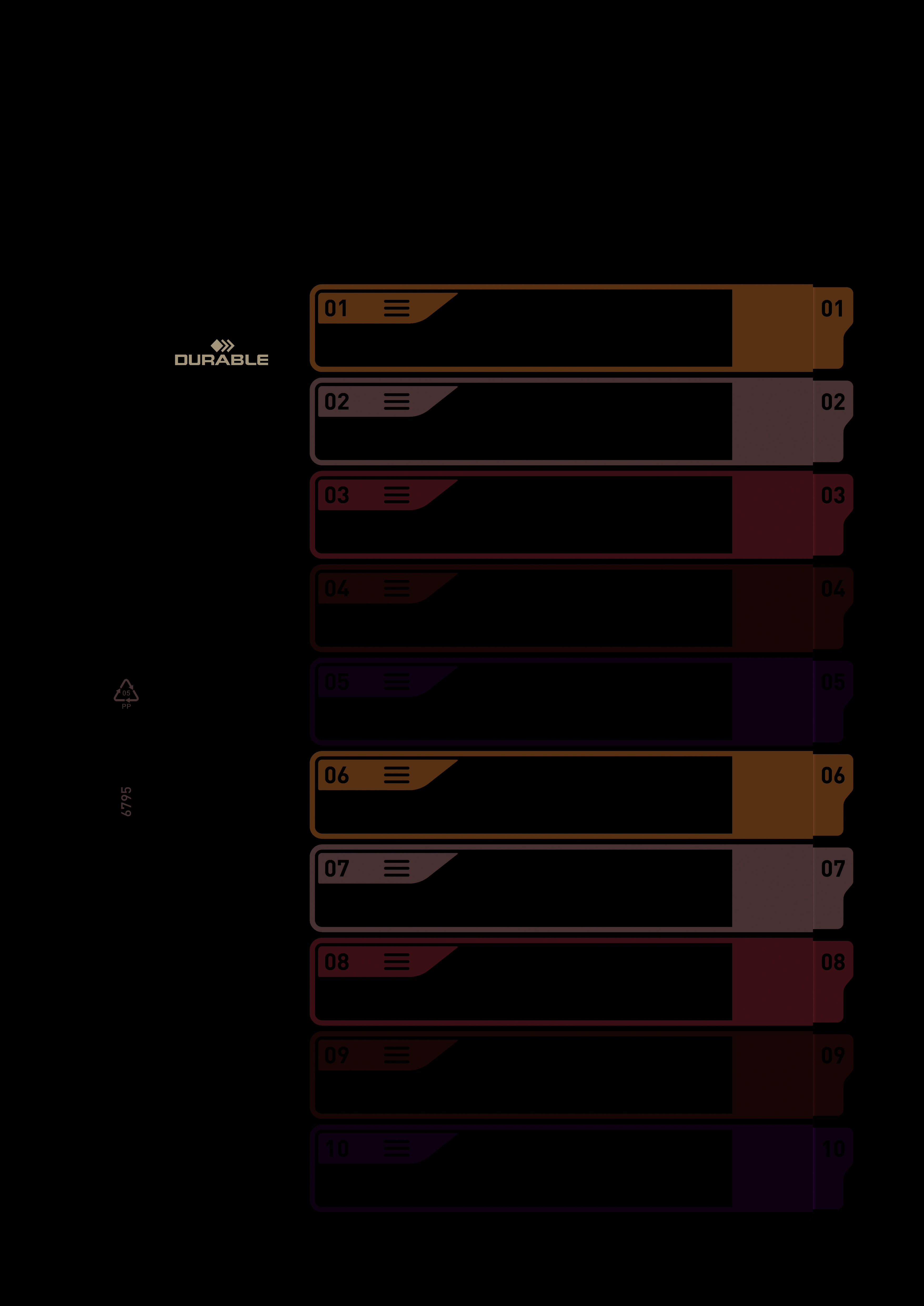 Registro con 10 divisori colorati, numerati da 1 a 10, del marchio Durable, per l'organizzazione dei documenti in un raccoglitore.