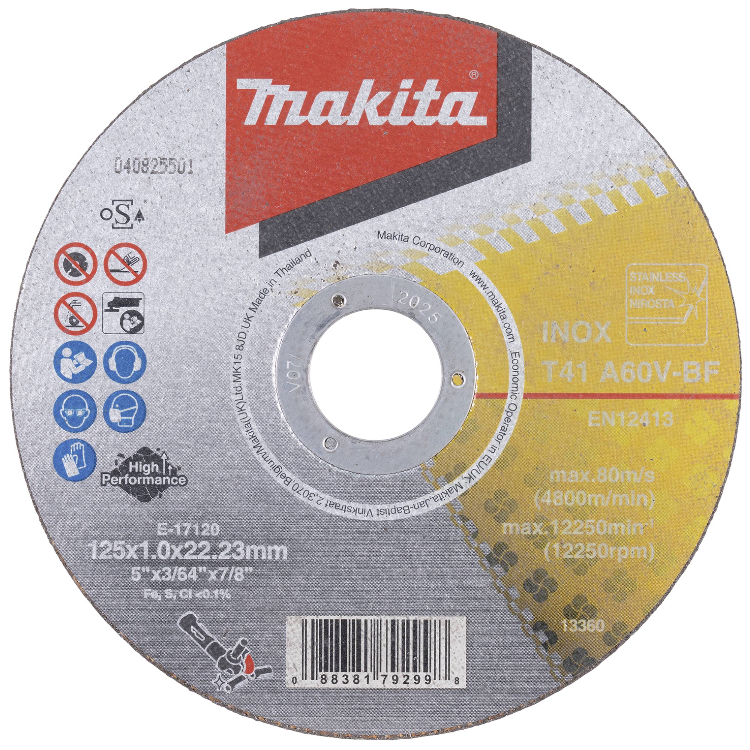 'Disco Makita per metallo, Inox T41 A60V-BF, diametro 125 mm, max. 80 m/s, 12250 giri/min. Alta prestazione per acciaio inossidabile.'