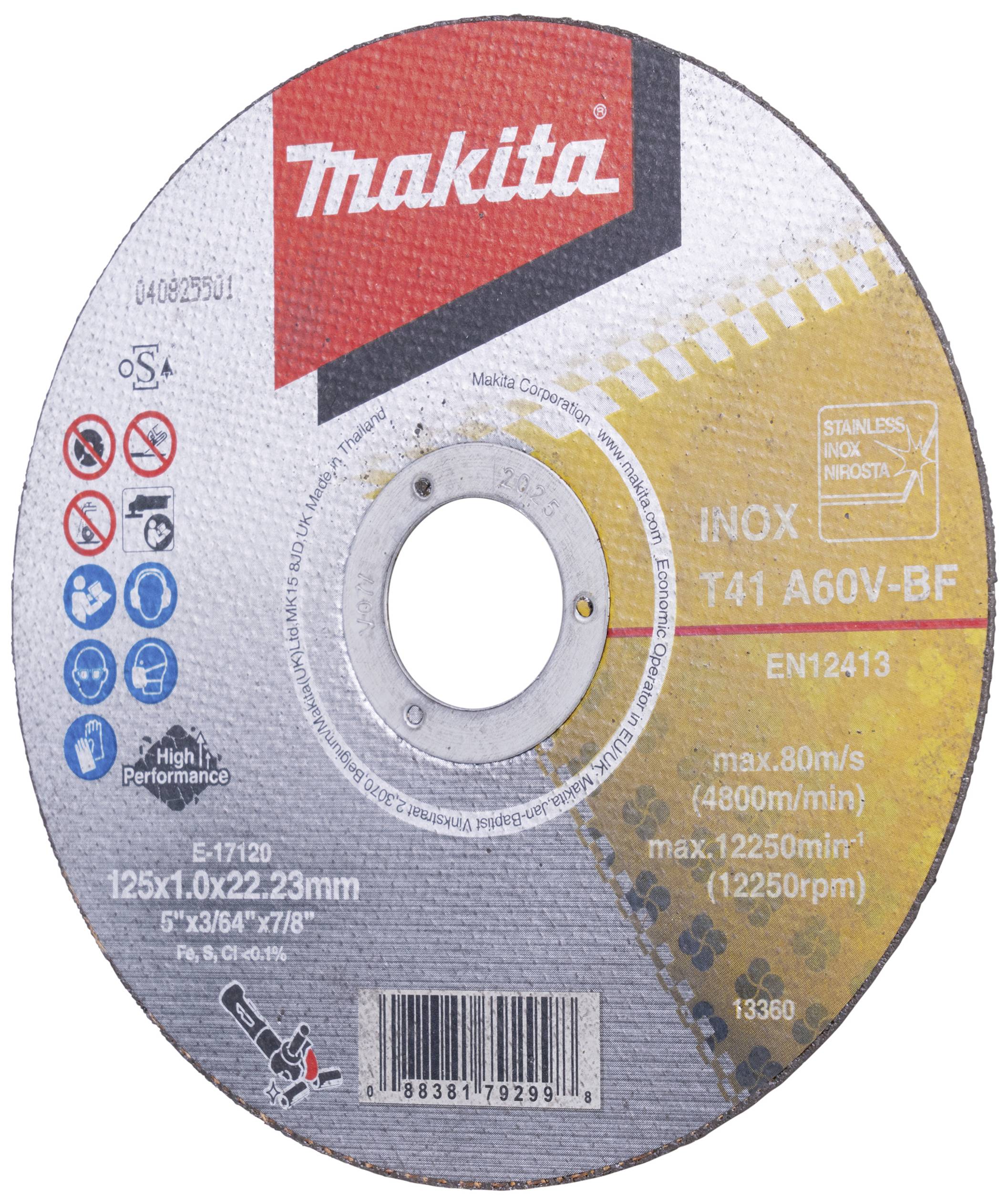 Disco da taglio con scritta 'Makita', diametro 125 mm. Adatto per acciaio inossidabile, max 80 m/s. Modello: T41 A60V-BF.