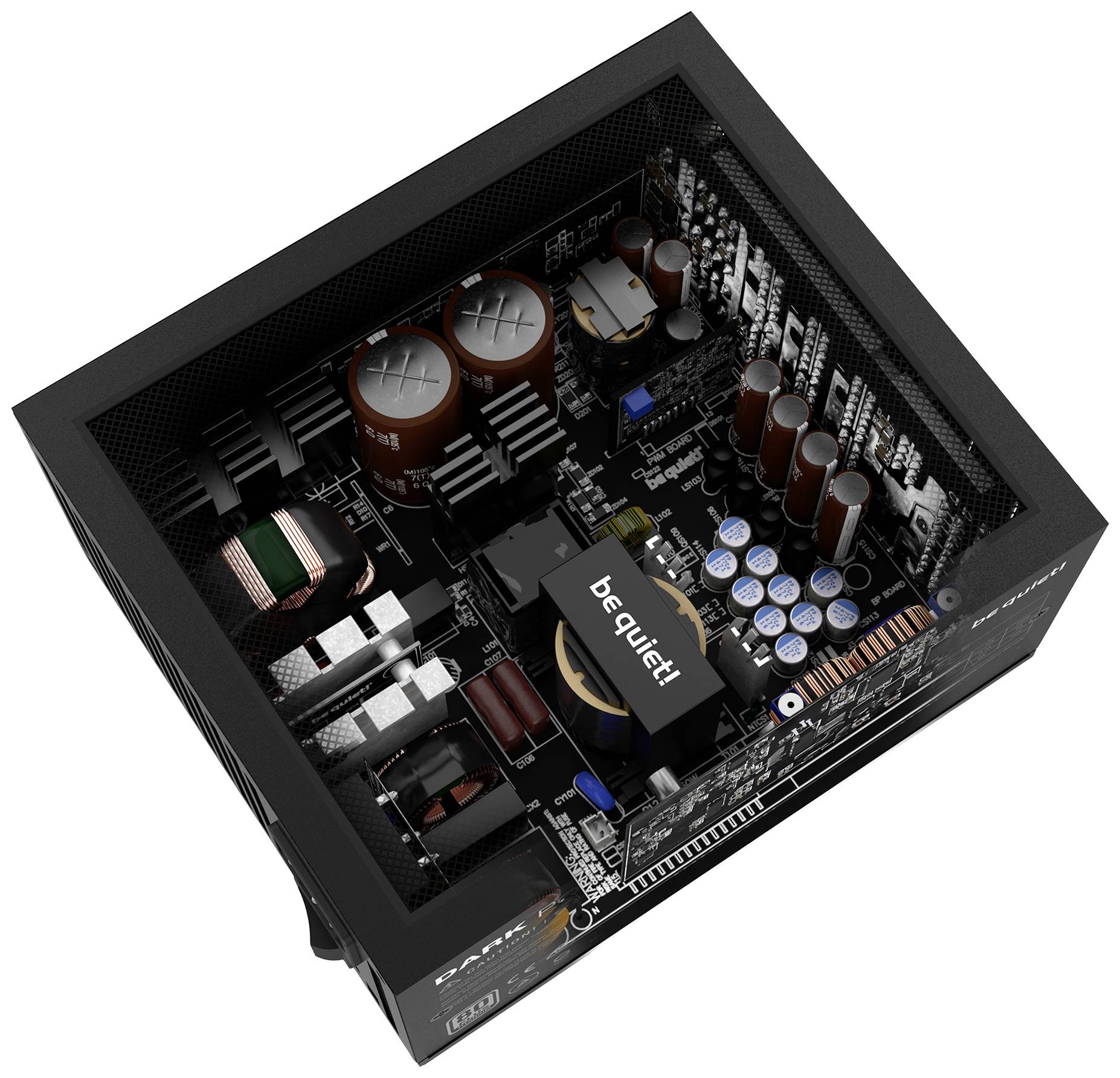 Vista interna di un alimentatore per computer con vari componenti elettronici come condensatori e trasformatori visibili.